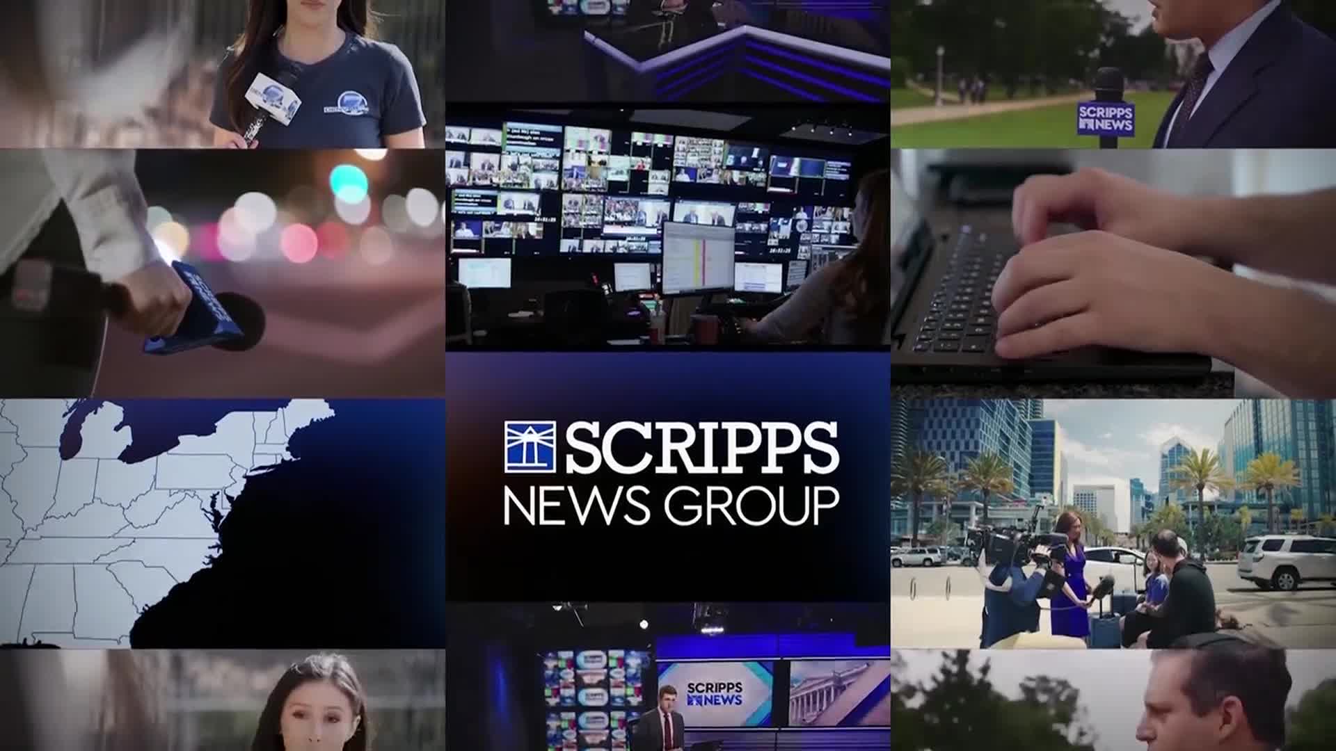 A Scripps News reporter holds a microphone, ready to speak, while a map of the United States appears in the background. The scene cuts to a newsroom control room, and a reporter is typing on a laptop.
