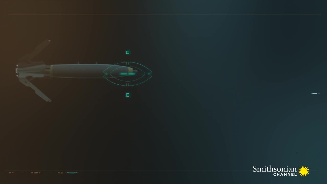 A missile-like object, with fins extended, is centered on a targeting reticle. The Smithsonian Channel logo is in the bottom right corner.

