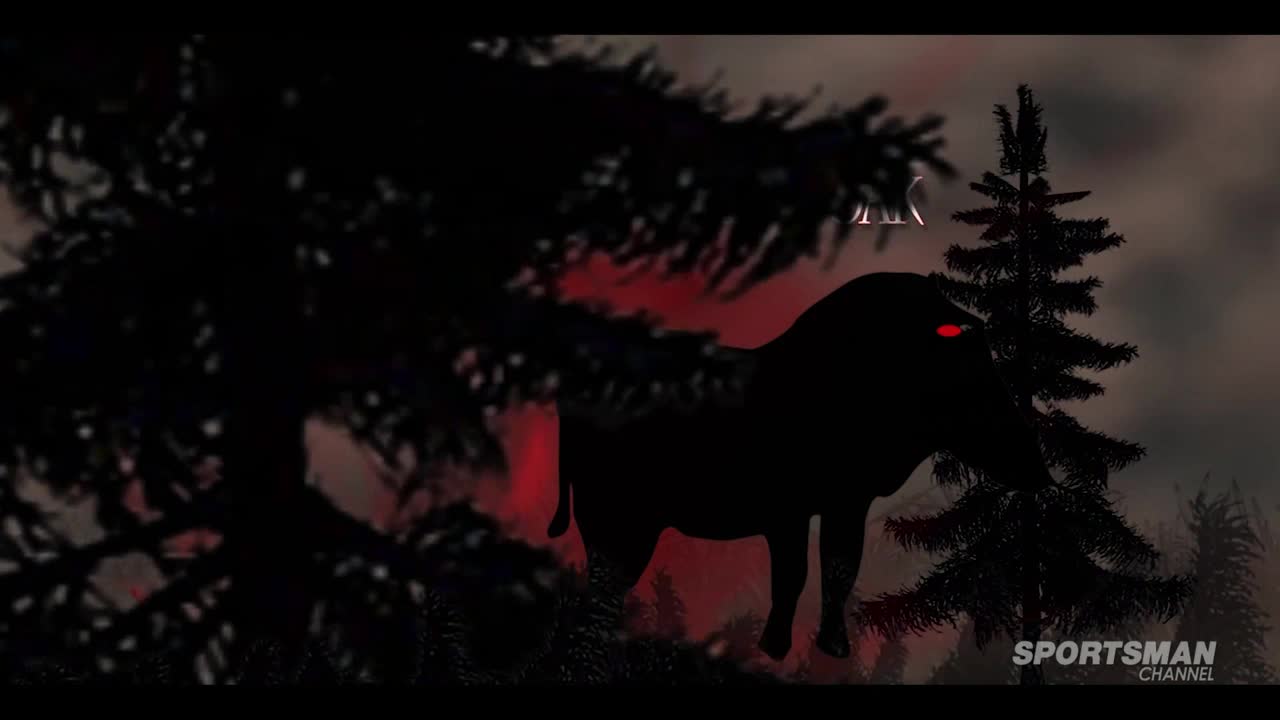 A dark silhouette of a boar stands in a forest, its eyes glowing red. The Sportsman Channel logo is visible at the bottom right.
