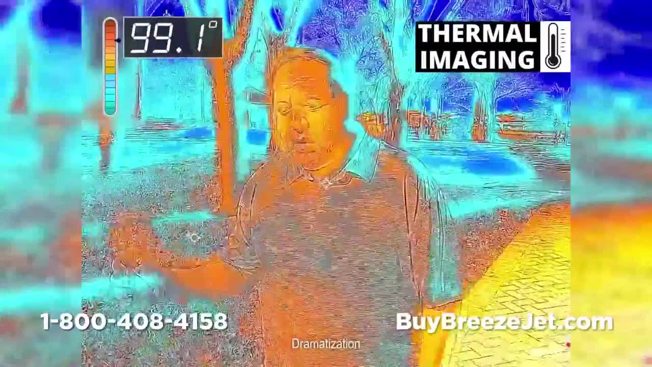 A man, rendered in thermal imaging, stands in a park, with his body radiating orange and yellow hues. The Sportsman Channel logo is absent, but the image's style and the "dramatization" label suggest a commercial.
