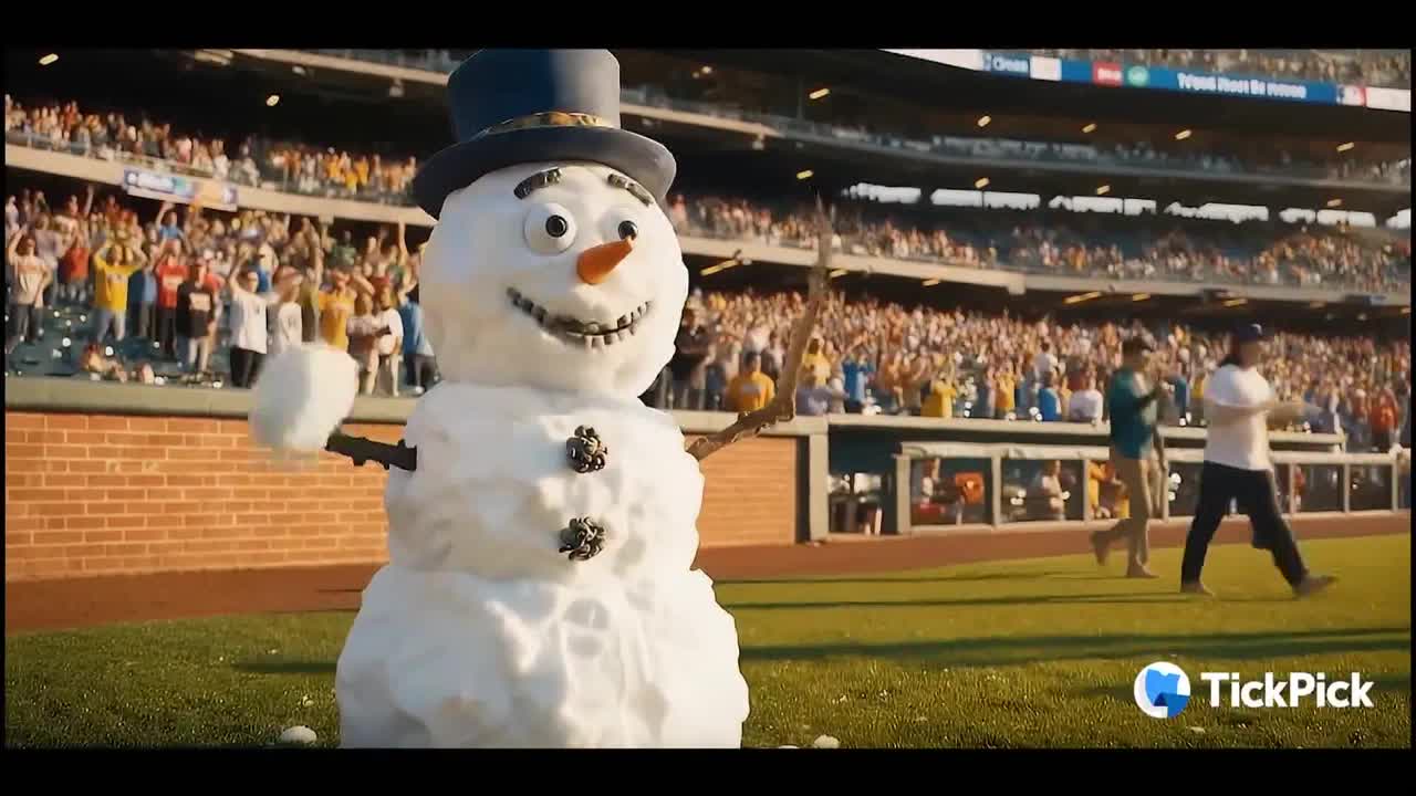 A giant snowman, complete with a top hat, stands on the baseball field. He's waving a snowy arm as the crowd cheers from the stands.
