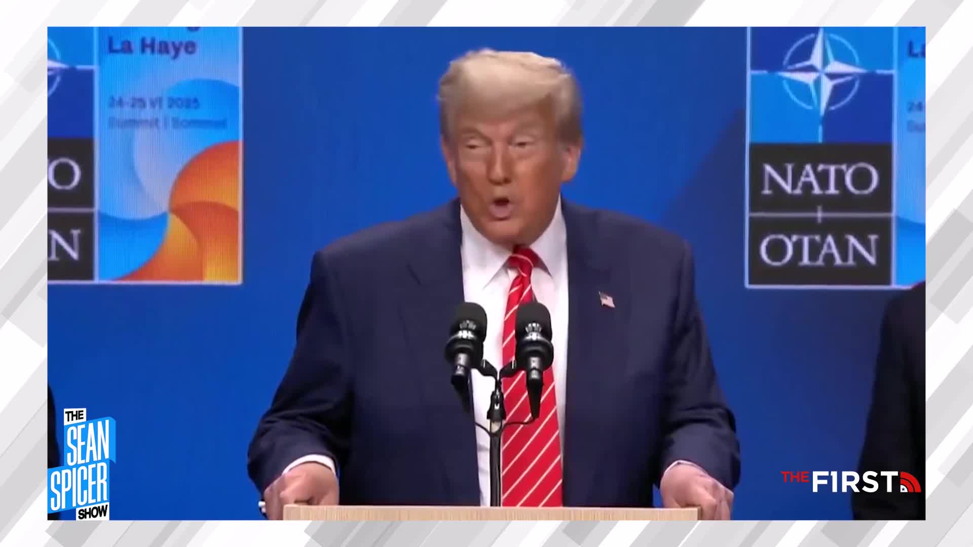 Donald Trump, in a blue suit and red tie, speaks at a podium in front of a NATO backdrop. The First TV logo is visible in the corner, and "The Sean Spicer Show" is displayed at the bottom left.
