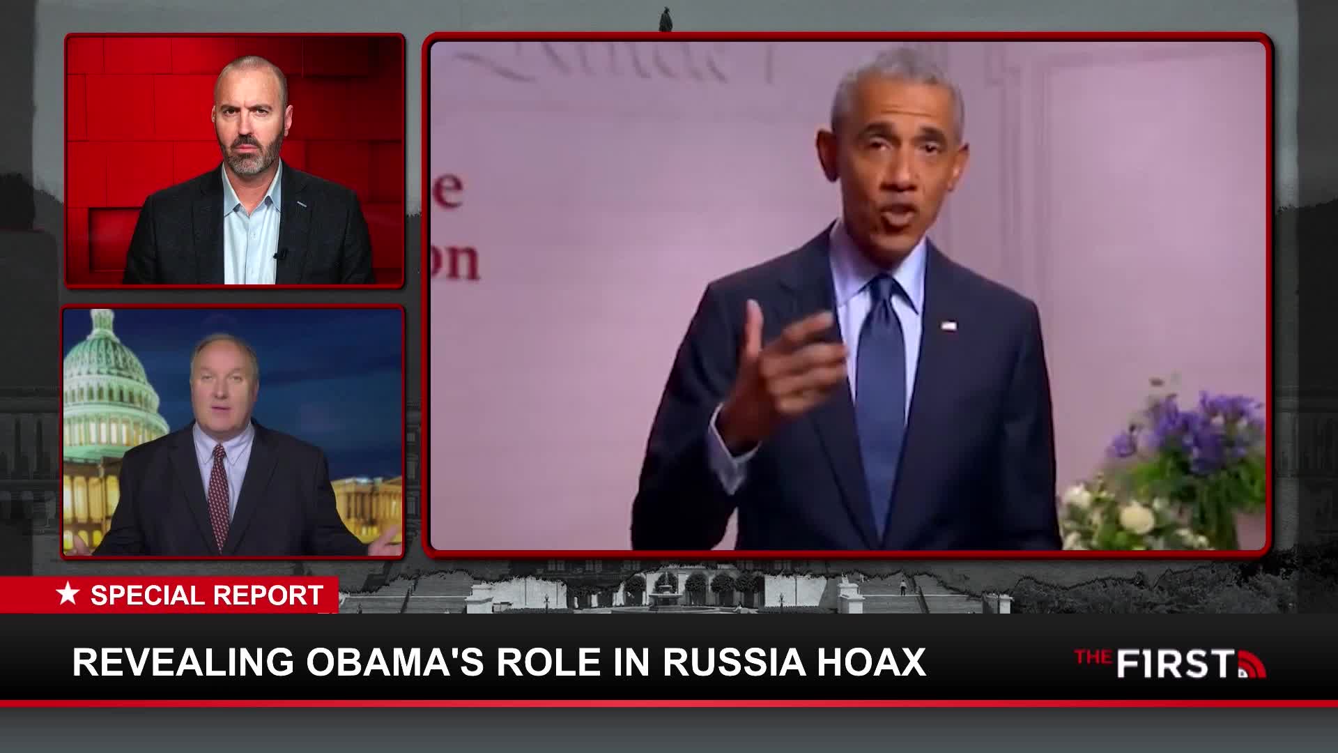 On the screen, a man in a suit gestures while speaking, flanked by two other men in separate boxes. The First TV's headline claims to reveal something about Obama and the Russia hoax.
