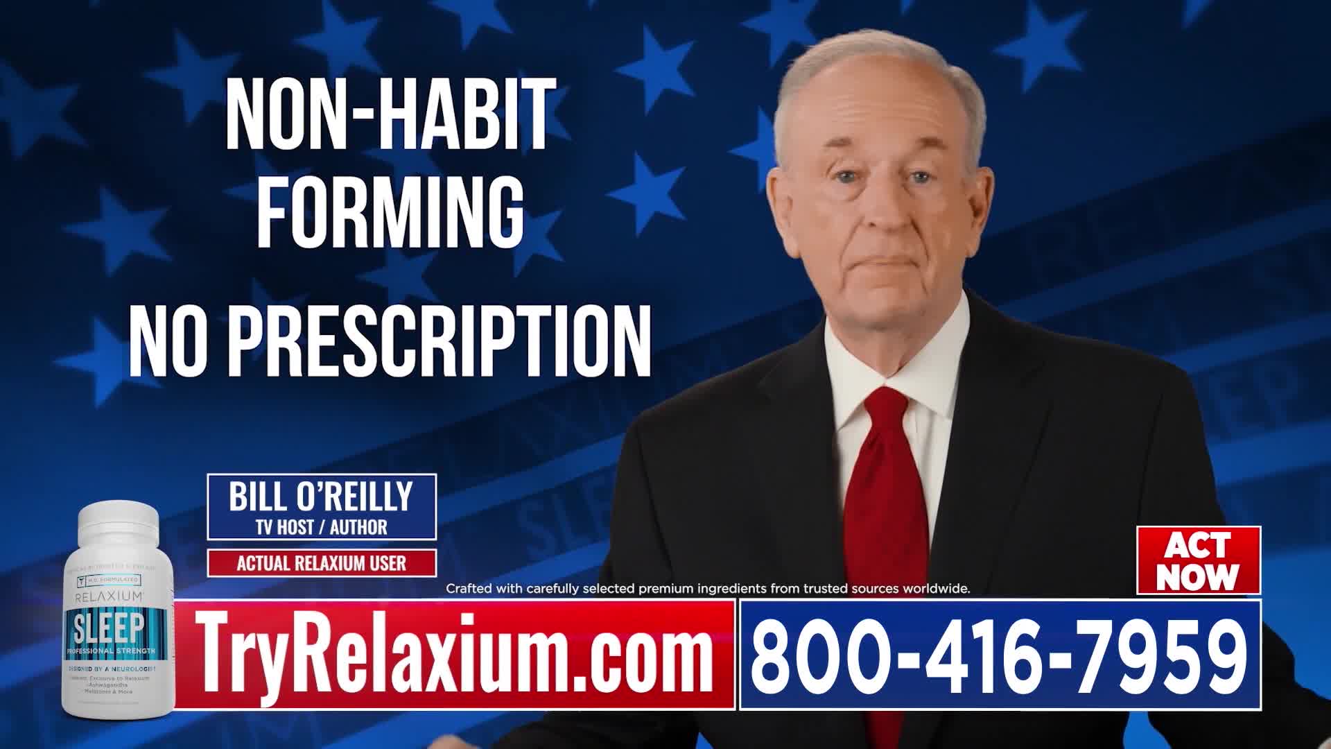 Bill O'Reilly, in a suit and tie, looks directly at the camera against a backdrop of the American flag. The ad promotes a sleep aid, with the words "Non-Habit Forming, No Prescription" prominently displayed.
