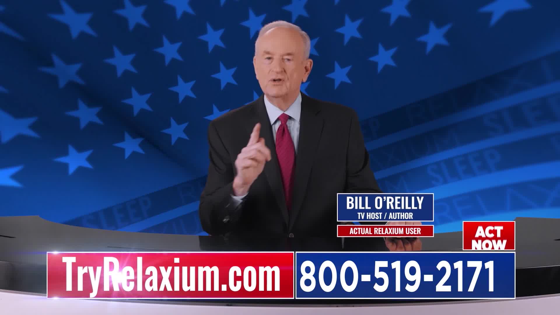 Bill O'Reilly, in a suit, gestures with his index finger while speaking. The backdrop features a stylized American flag, and a banner advertises a product on The First TV.
