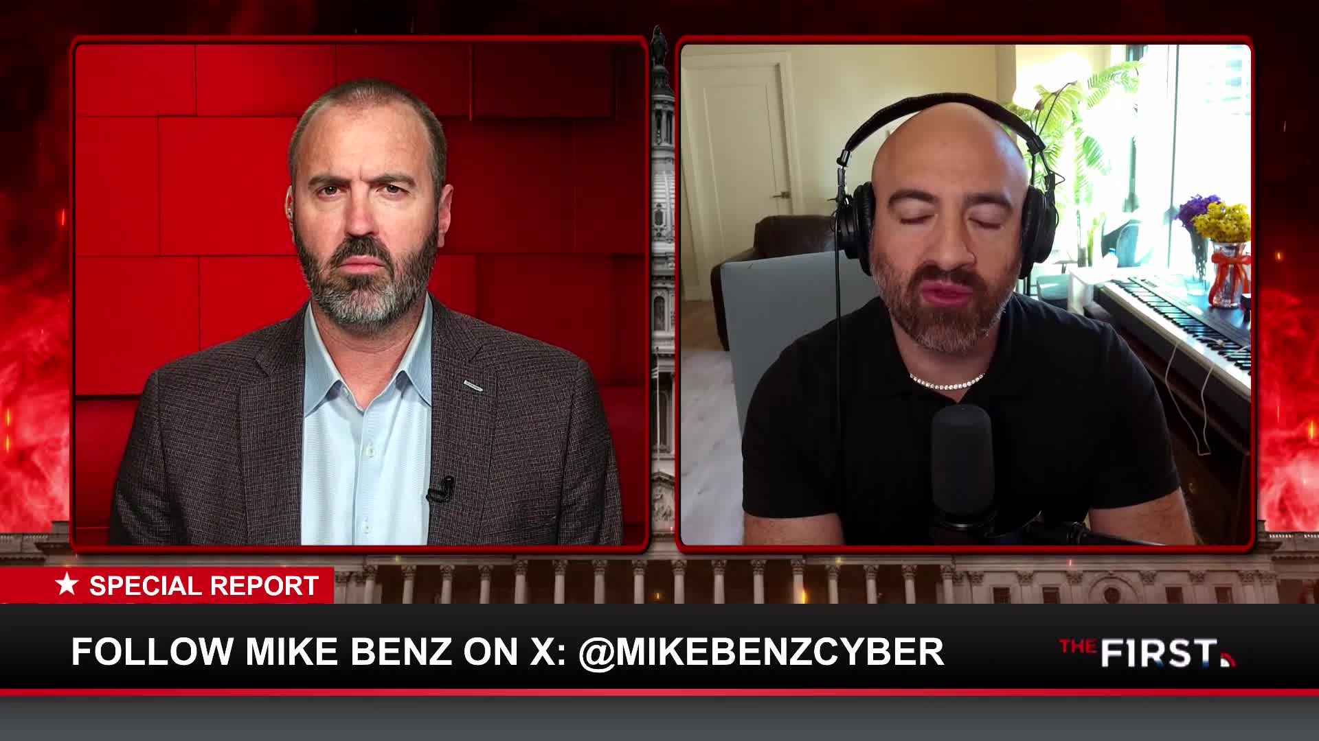 On the right, a man in a black shirt speaks into a microphone, wearing headphones, while the other man in a suit looks directly ahead. "The First" logo is visible at the bottom of the screen.
