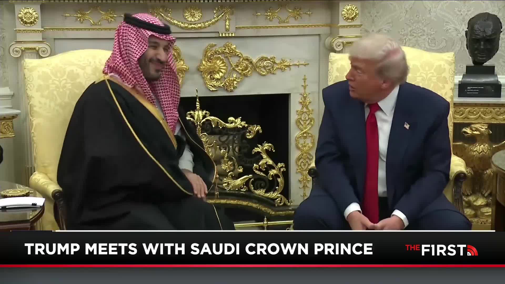 The Saudi Crown Prince and Donald Trump are seated in ornate chairs, facing each other. The First TV's chyron announces the meeting.
