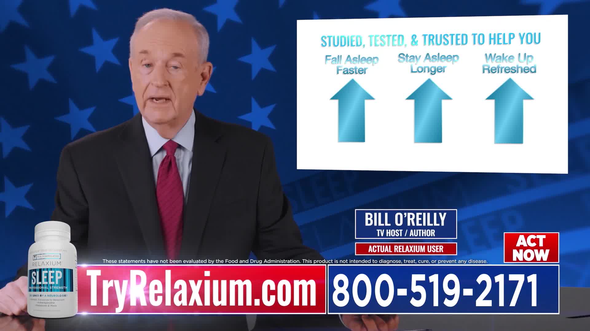 A man in a suit, identified as Bill O'Reilly, is speaking on a television set in the United States, with a bottle of "Relaxium Sleep" visible. Behind him, a graphic displays upward-pointing arrows with text about sleep benefits.
