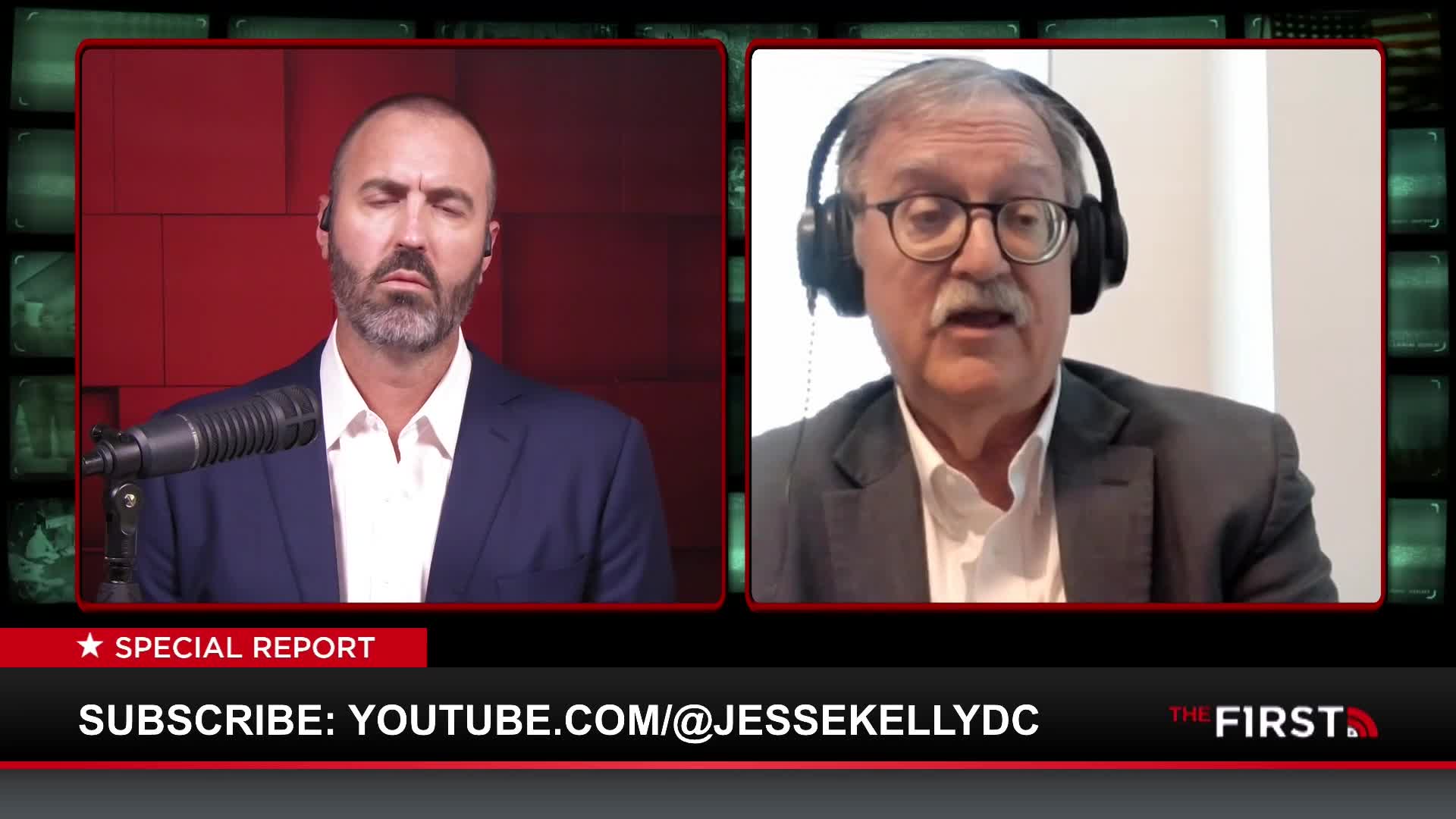 On The First TV, a man in a blazer speaks earnestly, wearing headphones, while another man listens intently. A "Special Report" banner and a call to subscribe to a YouTube channel are at the bottom of the screen.
