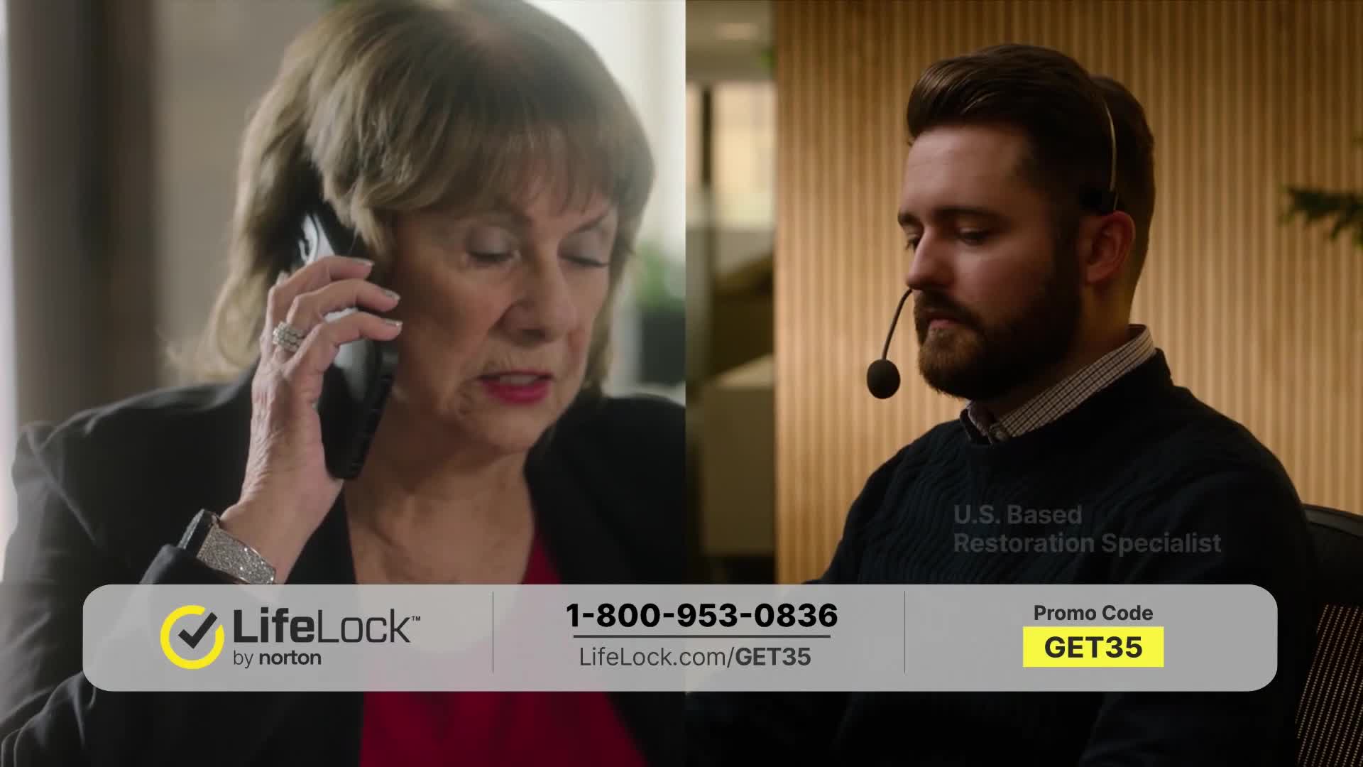 A woman, wearing a black blazer, speaks intently on a phone. Across the screen, a man with a headset listens, identified as a U.S. based restoration specialist.
A woman, wearing a black blazer, speaks intently on a phone. Across the screen, a man with a headset listens, identified as a U.S. based restoration specialist.