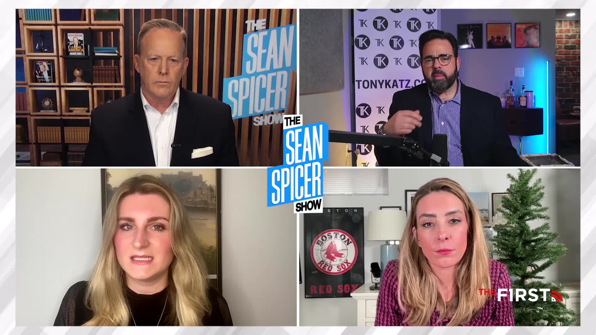 Four people are on a split screen, each in their own frame, likely participating in a discussion on *The Sean Spicer Show* on The First TV. The man in the top right gestures with his hand as he speaks.
Four people are on a split screen, each in their own frame, likely participating in a discussion on *The Sean Spicer Show* on The First TV. The man in the top right gestures with his hand as he speaks.