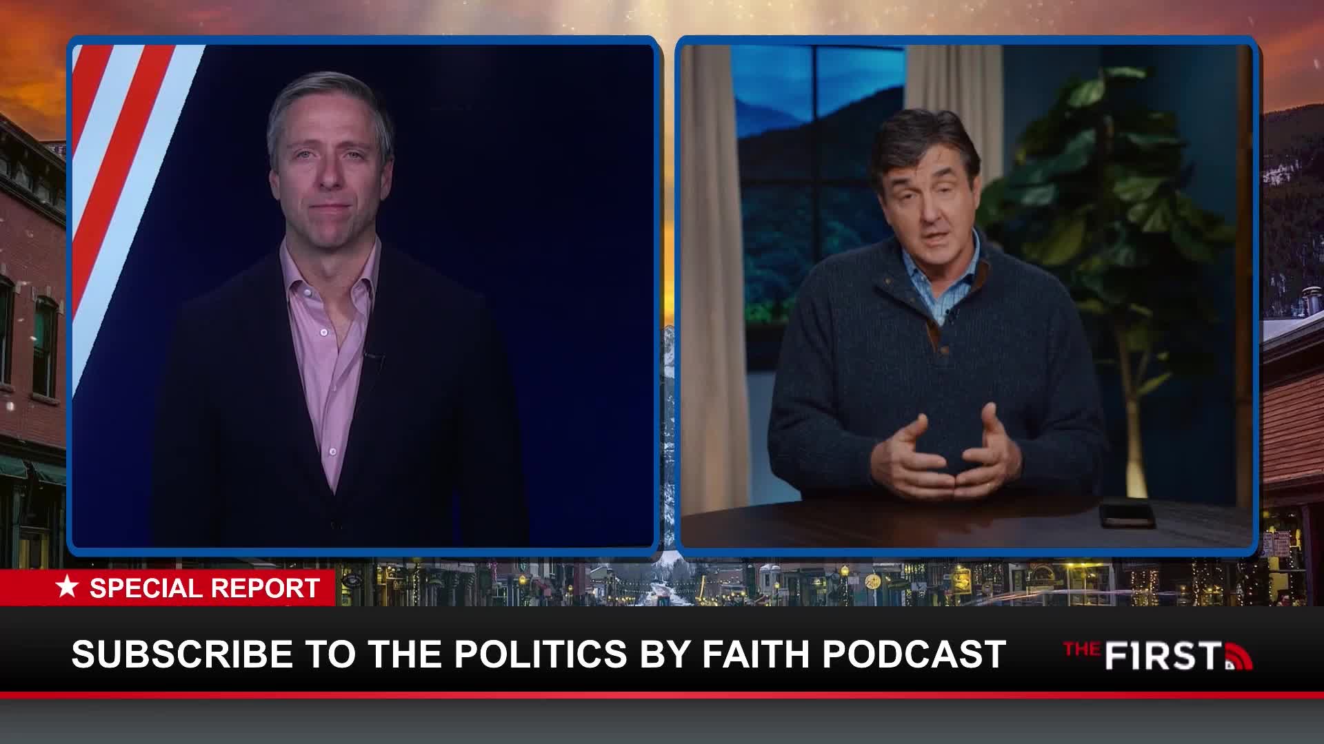 On the screen, two men are in separate boxes. The man on the right gestures with his hands as he speaks, while the other man looks on.
On the screen, two men are in separate boxes. The man on the right gestures with his hands as he speaks, while the other man looks on.