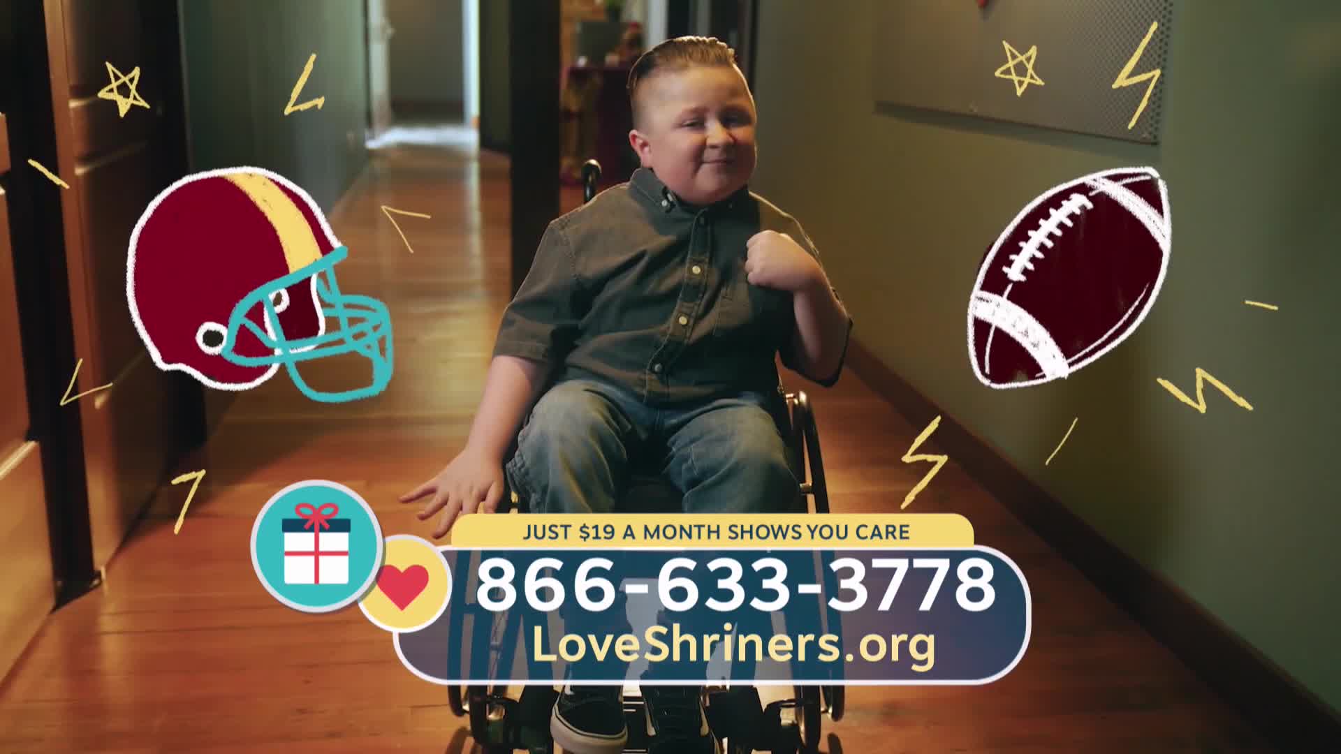 A young boy in a wheelchair smiles as a football and helmet float around him, like something you'd see on early television. A phone number and website appear, asking for donations to Shriners.
