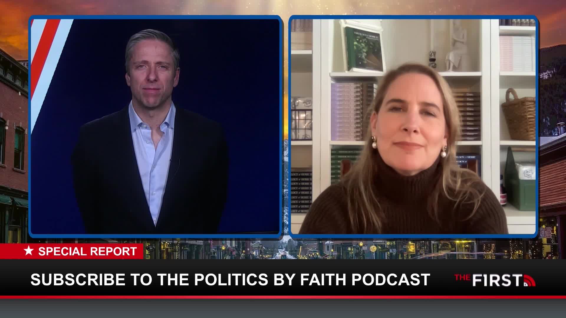 A man in a suit is on screen, looking directly ahead. To his right, a woman in a brown turtleneck is also looking forward, a bookshelf behind her. A banner at the bottom reads "SPECIAL REPORT SUBSCRIBE TO THE POLITICS BY FAITH PODCAST THE FIRST."