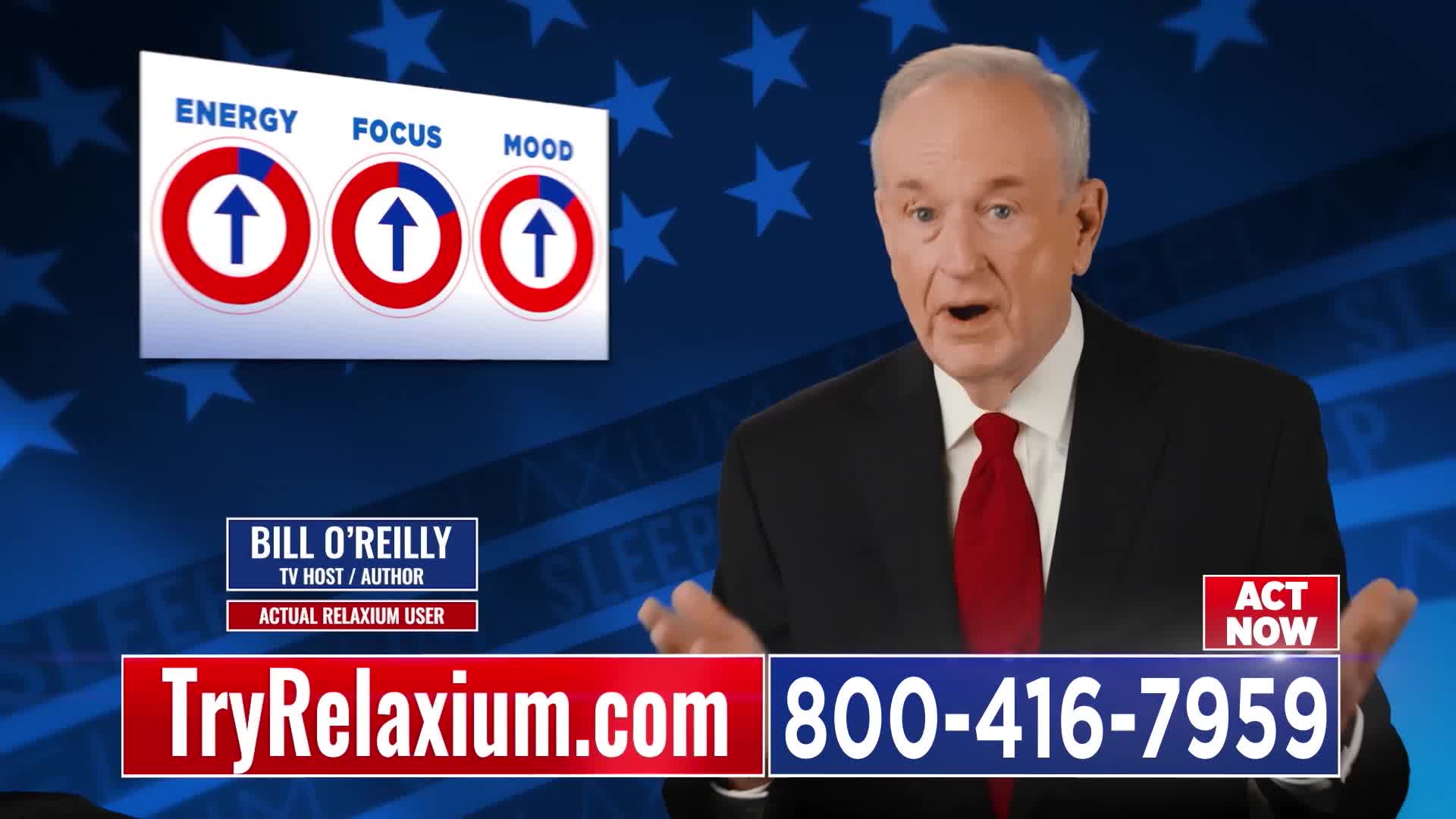 Bill O'Reilly, a familiar face from American television, is speaking directly to the camera. He gestures with his hands as a graphic displays three circular indicators for "ENERGY," "FOCUS," and "MOOD," each showing an upward arrow. Below him, the website TryRelaxium.com and a phone number are prominently displayed, urging immediate action.