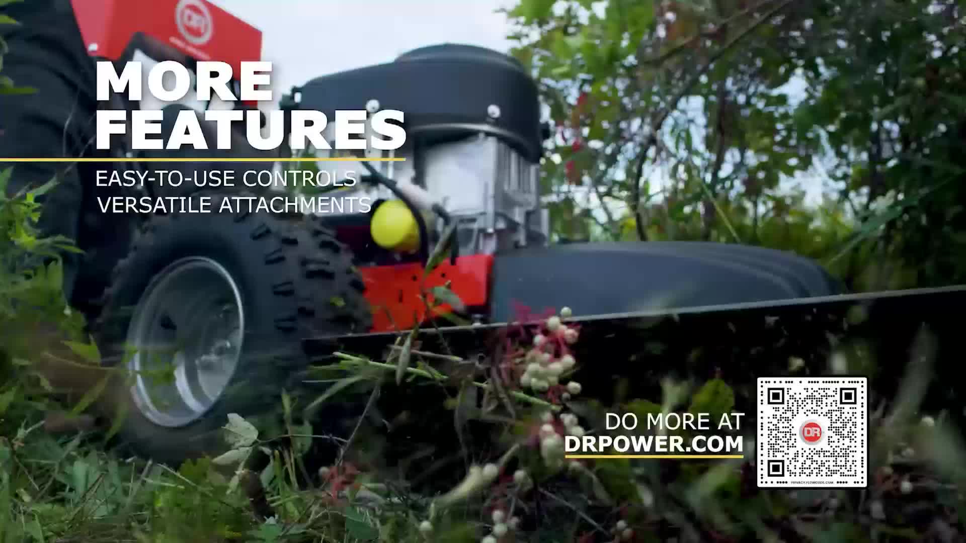 A powerful brush cutter slices through thick vegetation. Its wide blade chews through weeds and branches, clearing a path.