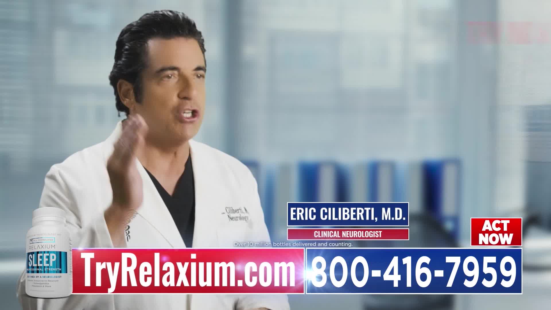 A man in a white lab coat gestures with his right hand, speaking directly to the camera. A bottle of Relaxium sleep aid sits to his left, with a website and phone number displayed prominently below.