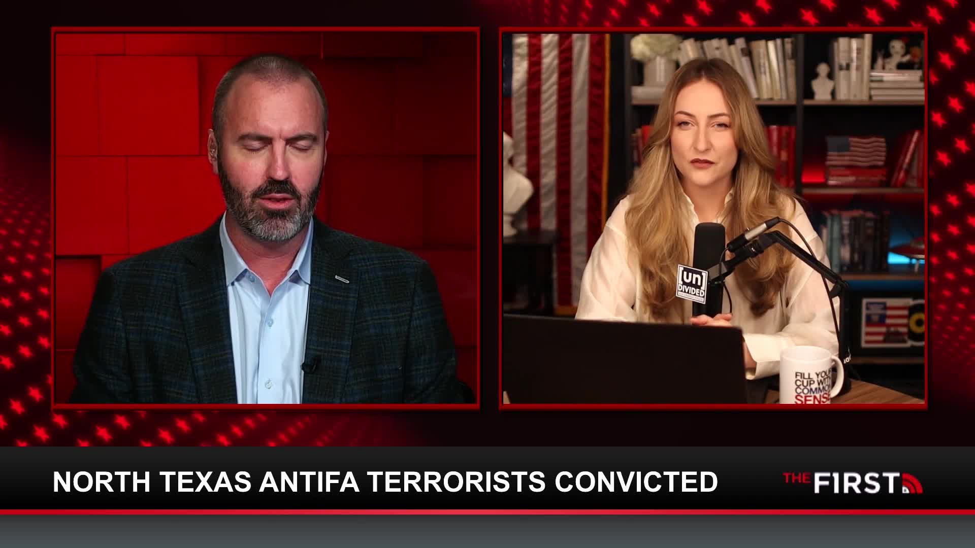 A man with a beard speaks directly to the camera, his expression serious. To his right, a woman with long blonde hair sits at a desk, also looking forward. The screen displays the words "NORTH TEXAS ANTIFA TERRORISTS CONVICTED" and "THE FIRST."