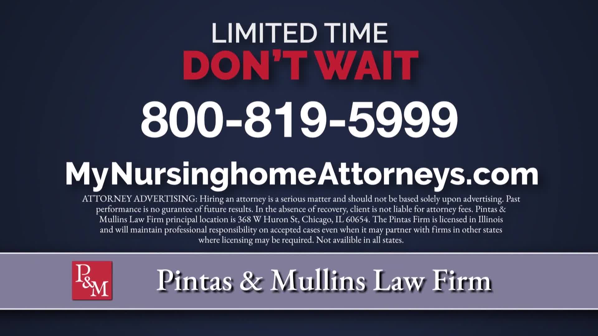 A phone number and website address flash across the screen, followed by the name of a law firm. The P&M logo is visible in the bottom left corner.