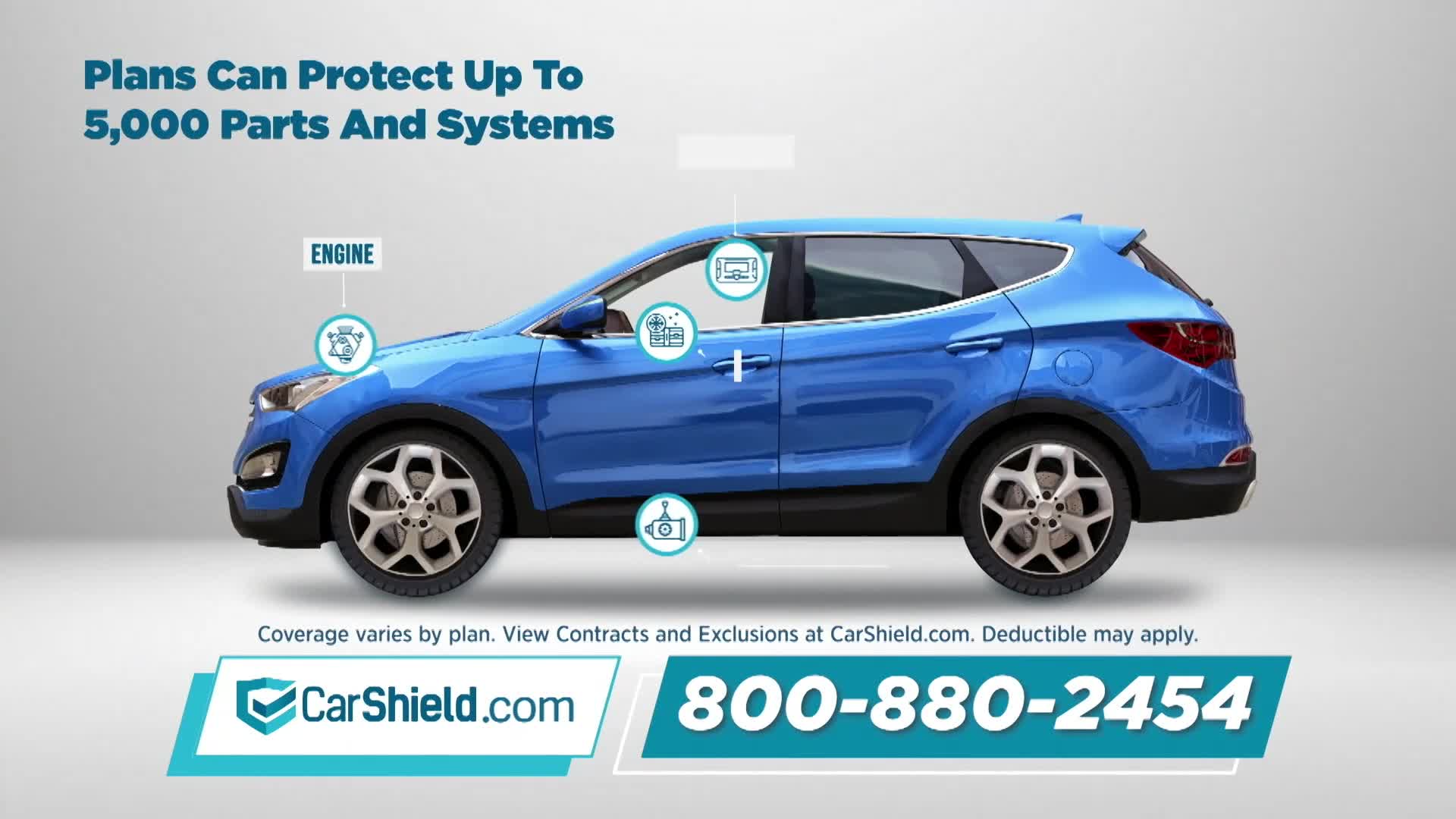 A blue SUV sits on a plain background, its side profile clearly visible. Icons highlight different parts of the car, like the engine and air conditioning.