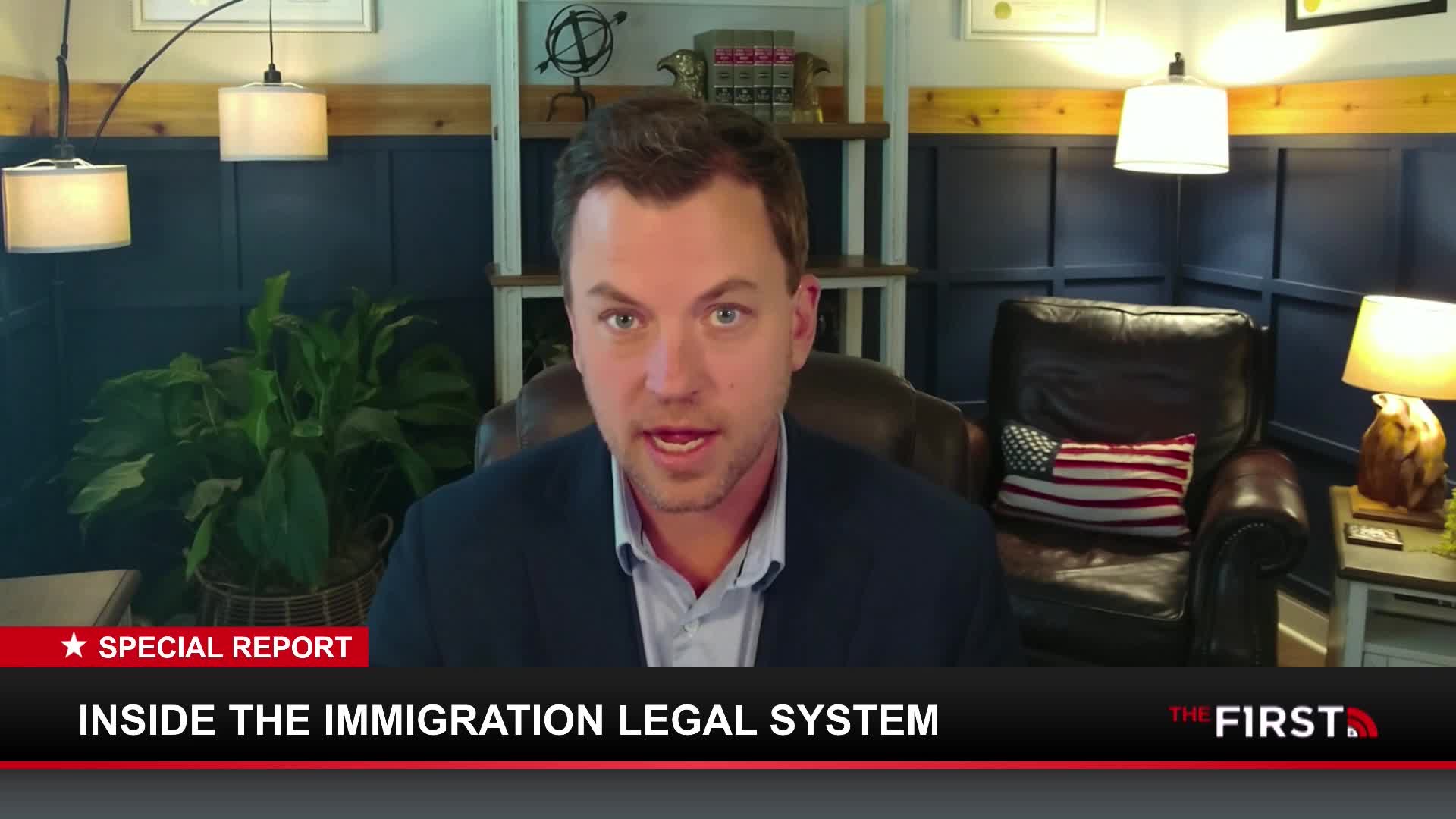 A man in a suit speaks directly to the camera. A graphic below him reads "INSIDE THE IMMIGRATION LEGAL SYSTEM."