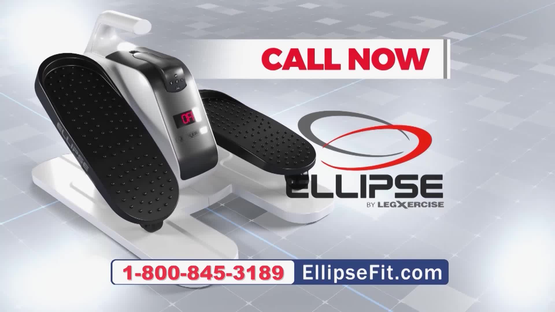 The Ellipse Fit machine sits still, its digital display showing "OFF." A red and gray logo for "ELLIPSE BY LEG XERCISE" hovers above the device.