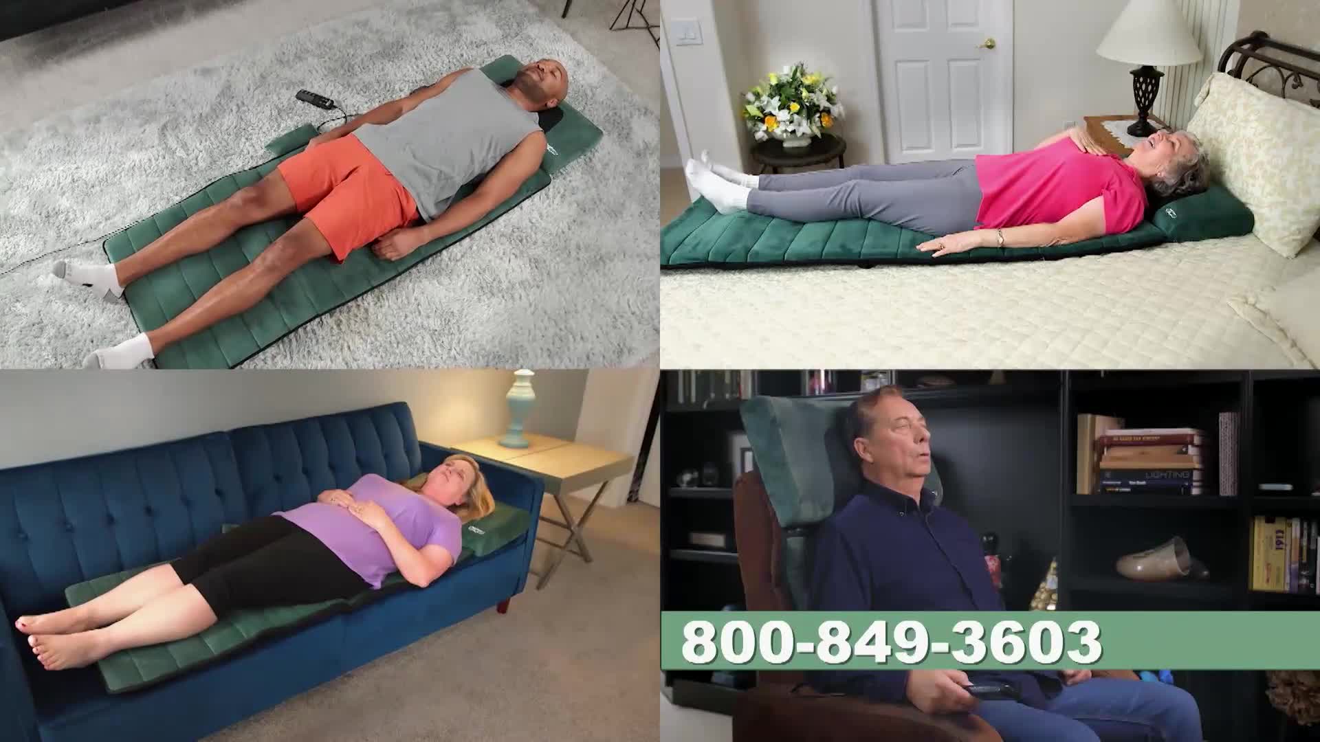 A man lies on a mat on a rug, his legs extended. A woman reclines on a similar mat on a blue sofa.