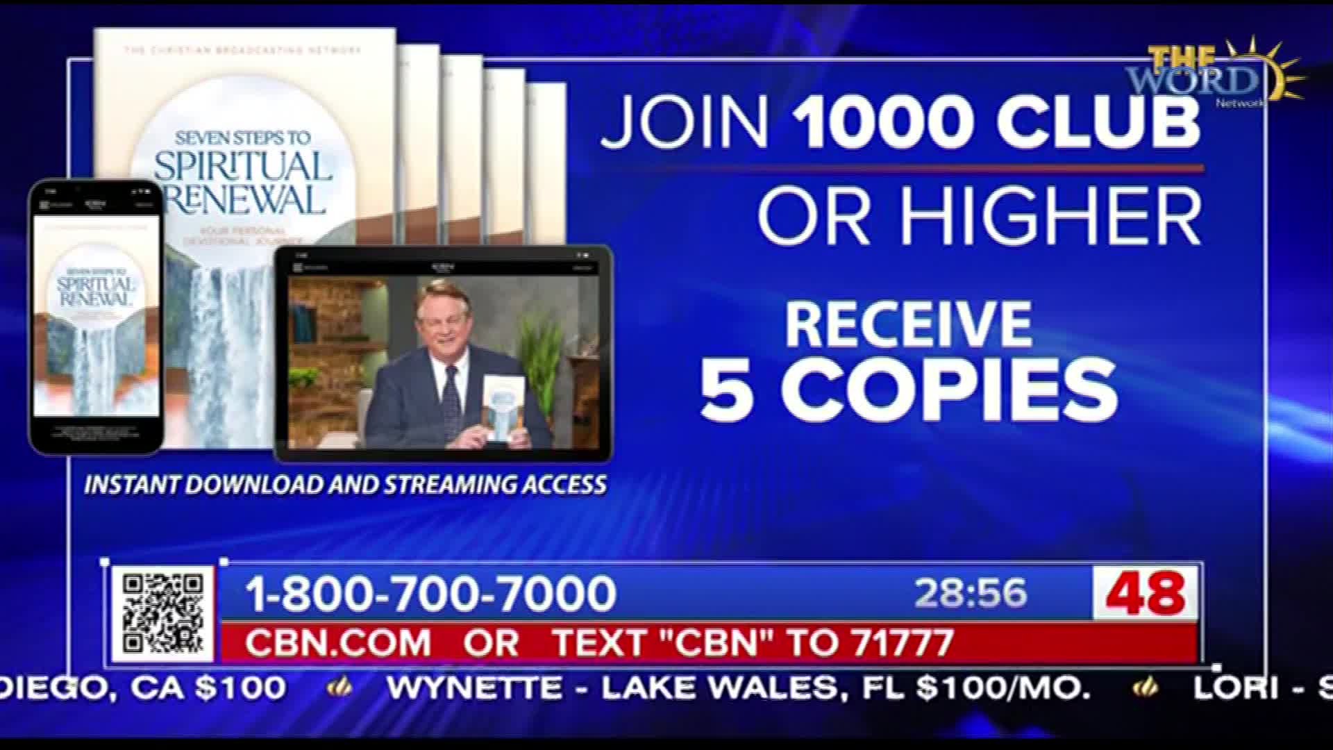 A man on a tablet screen holds a book, promoting "Seven Steps to Spiritual Renewal" on The Word Network. Below, a phone and a stack of books are displayed, alongside a call-to-action for donations.
