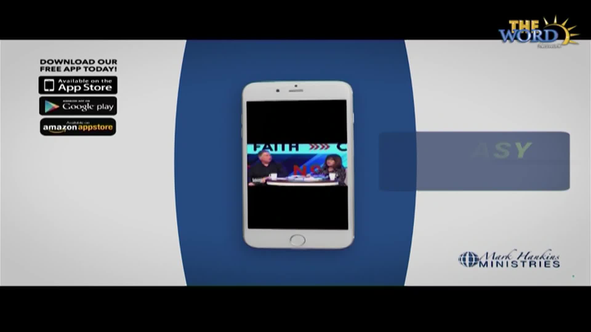 A smartphone displays a talk show, with a man and woman seated at a table. The Word Network logo sits in the upper right corner, and the app download information is on the left.
