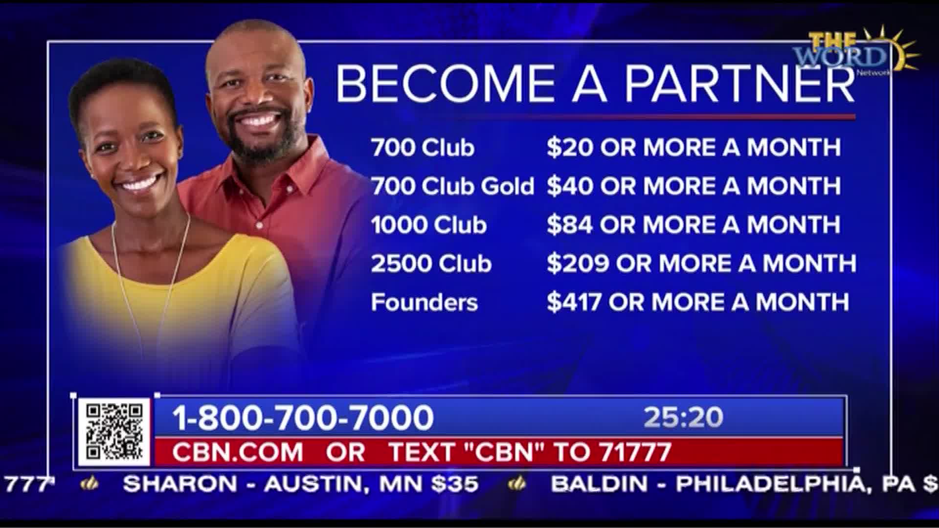 A smiling couple is positioned above a list of giving levels, all under the headline "BECOME A PARTNER." Below, contact information for The Word Network is displayed.
