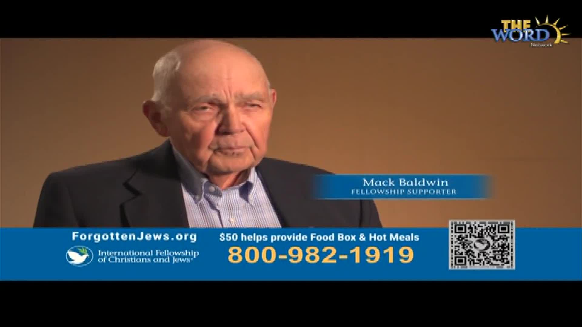 Mack Baldwin, identified as a fellowship supporter, is centered in the frame, wearing a blazer and button-down shirt. The Word Network logo is visible in the top right corner, and a call for donations appears at the bottom of the screen.
