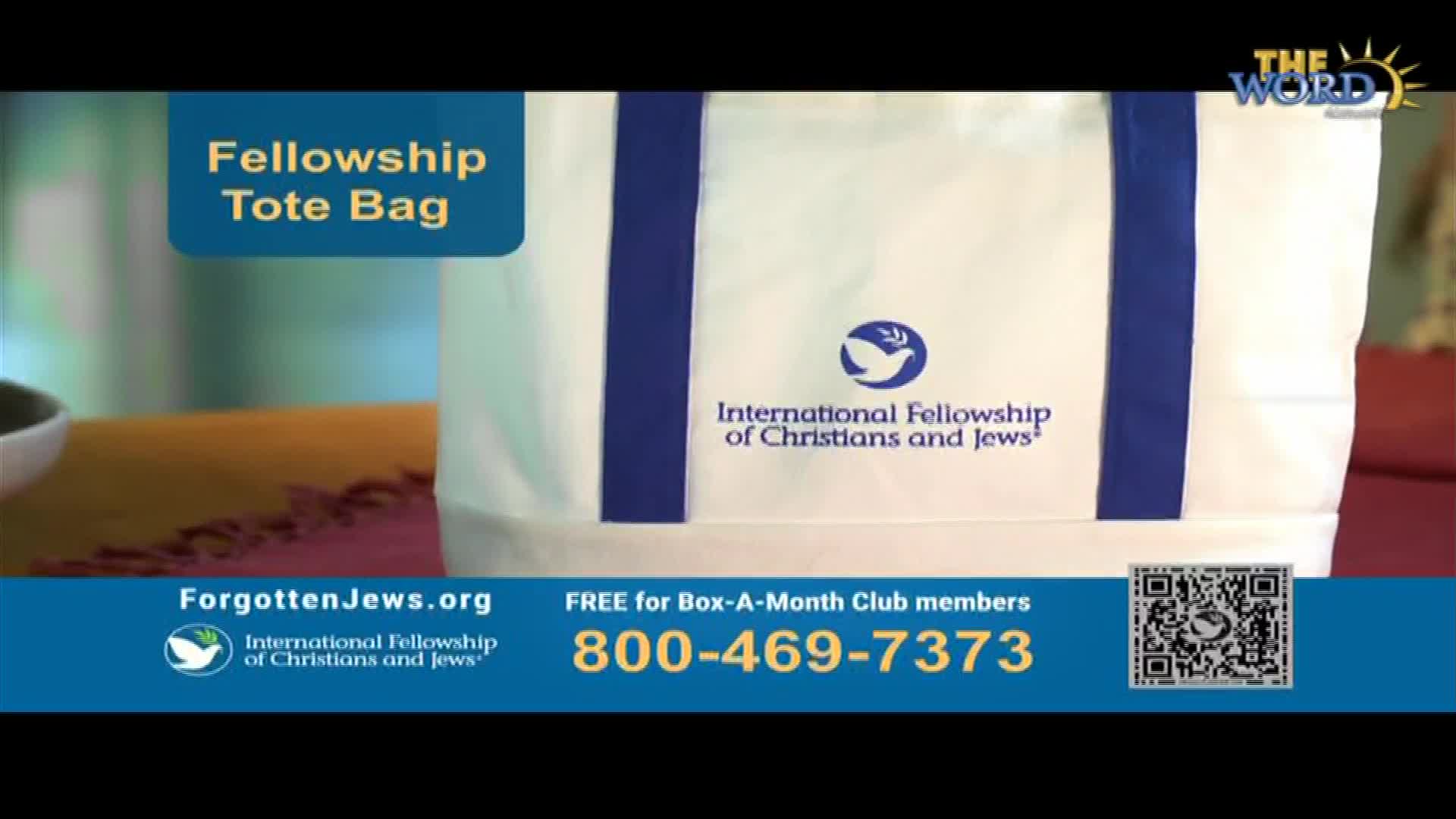 A white tote bag with blue handles and the International Fellowship of Christians and Jews logo is centered. Below, a phone number and website are displayed on a blue bar, likely a commercial on The Word Network.
