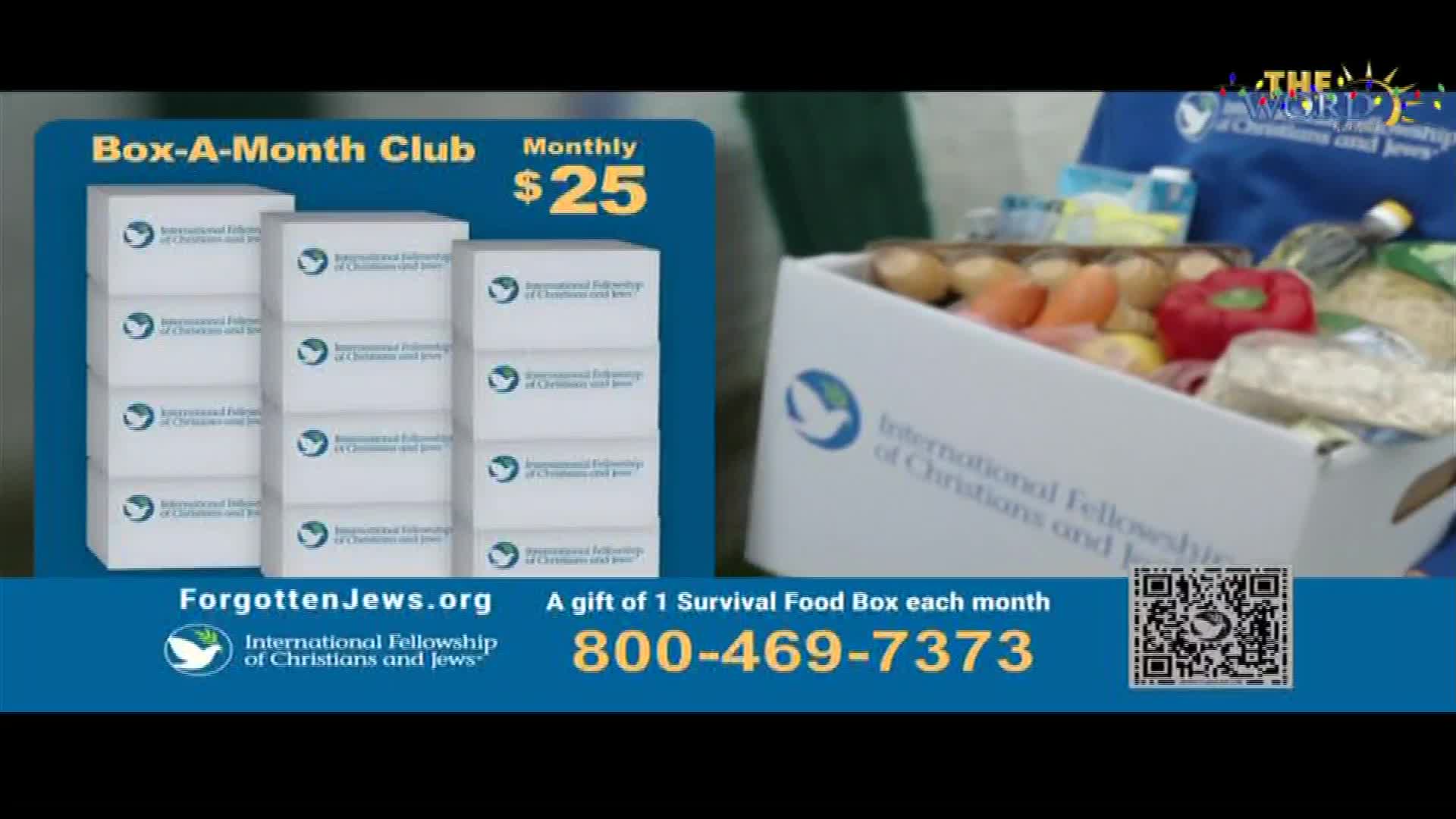 A stack of white boxes with a dove logo is displayed next to a cardboard box overflowing with fresh produce. The scene is part of an advertisement for the International Fellowship of Christians and Jews, airing on The Word Network.
