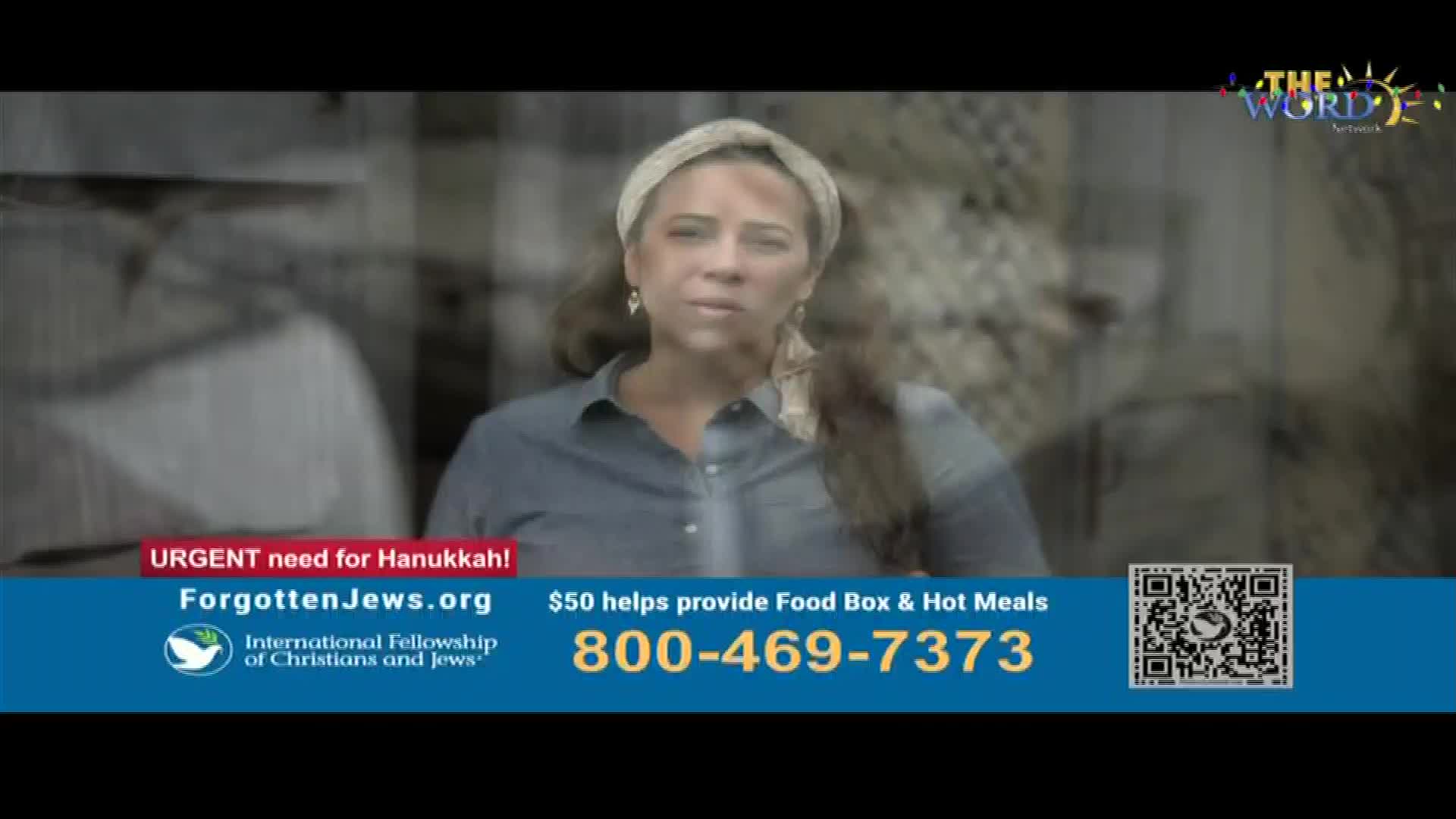 A woman wearing a headband speaks directly to the camera, her expression earnest. The screen displays a call to action for Hanukkah support, sponsored by The Word Network and the International Fellowship of Christians and Jews.
