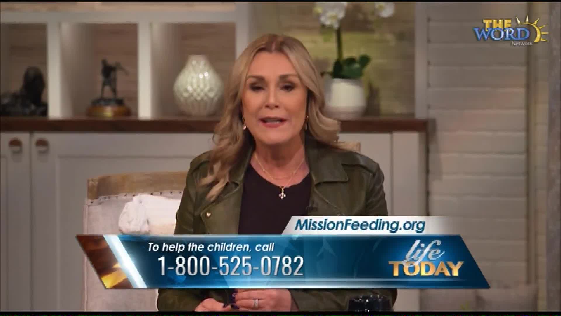 A woman speaks directly to the camera, her words accompanied by a graphic displaying "MissionFeeding.org" and a phone number for "Life Today." The Word Network logo is visible in the upper right corner.