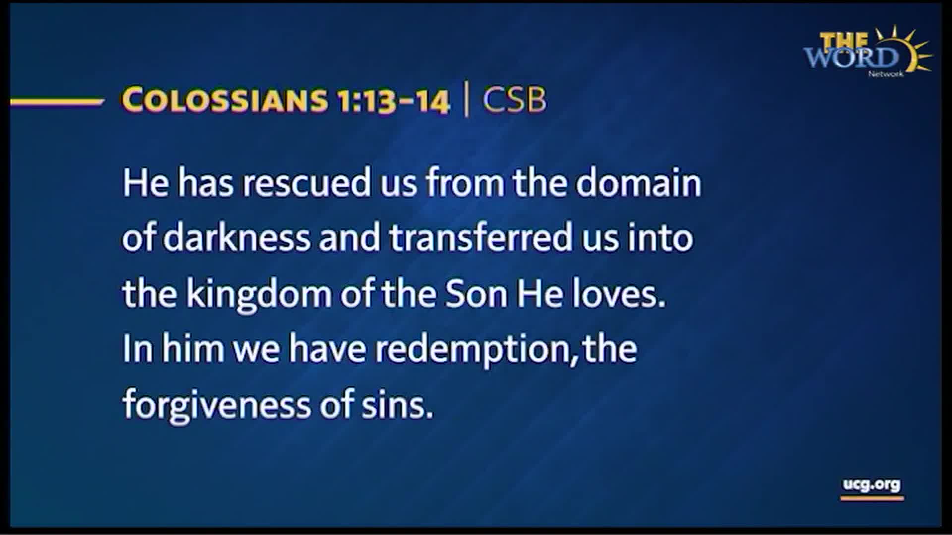 The Word Network logo is in the upper right corner. Text from Colossians 1:13-14 is displayed on a dark blue background.