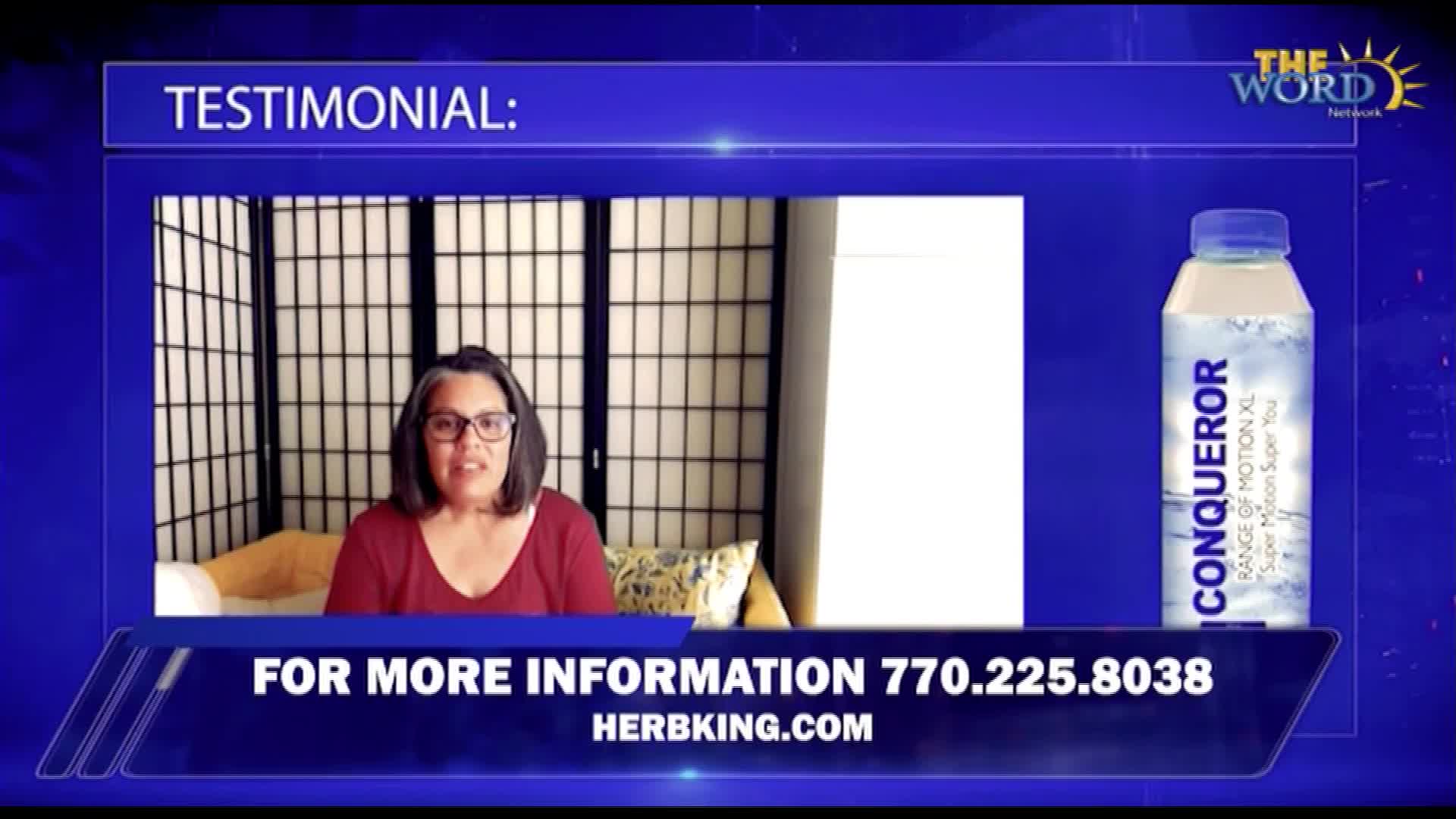 A woman speaks directly to the camera, a bottle of "Conqueror" water beside her. The Word Network logo appears above the testimonial.