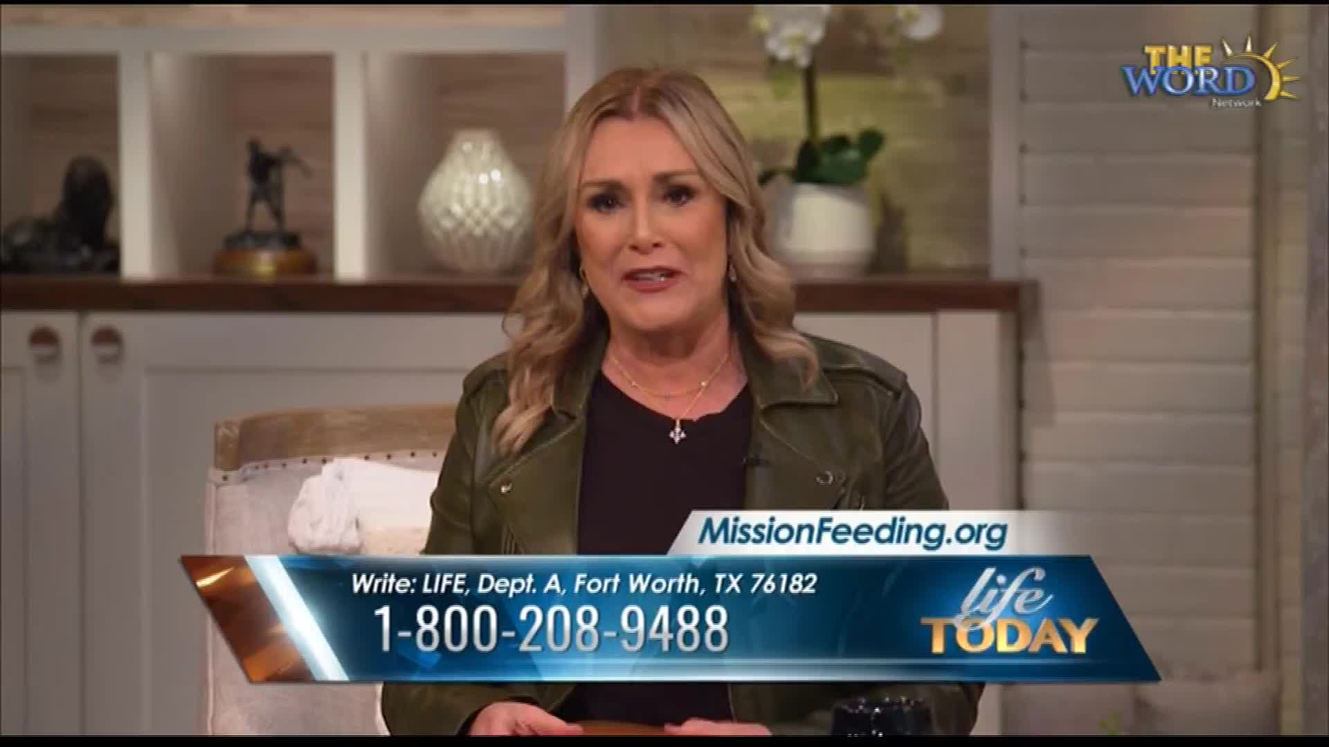 A woman speaks directly to the camera, her words accompanied by on-screen text for MissionFeeding.org. The Word Network logo is visible in the upper right corner.