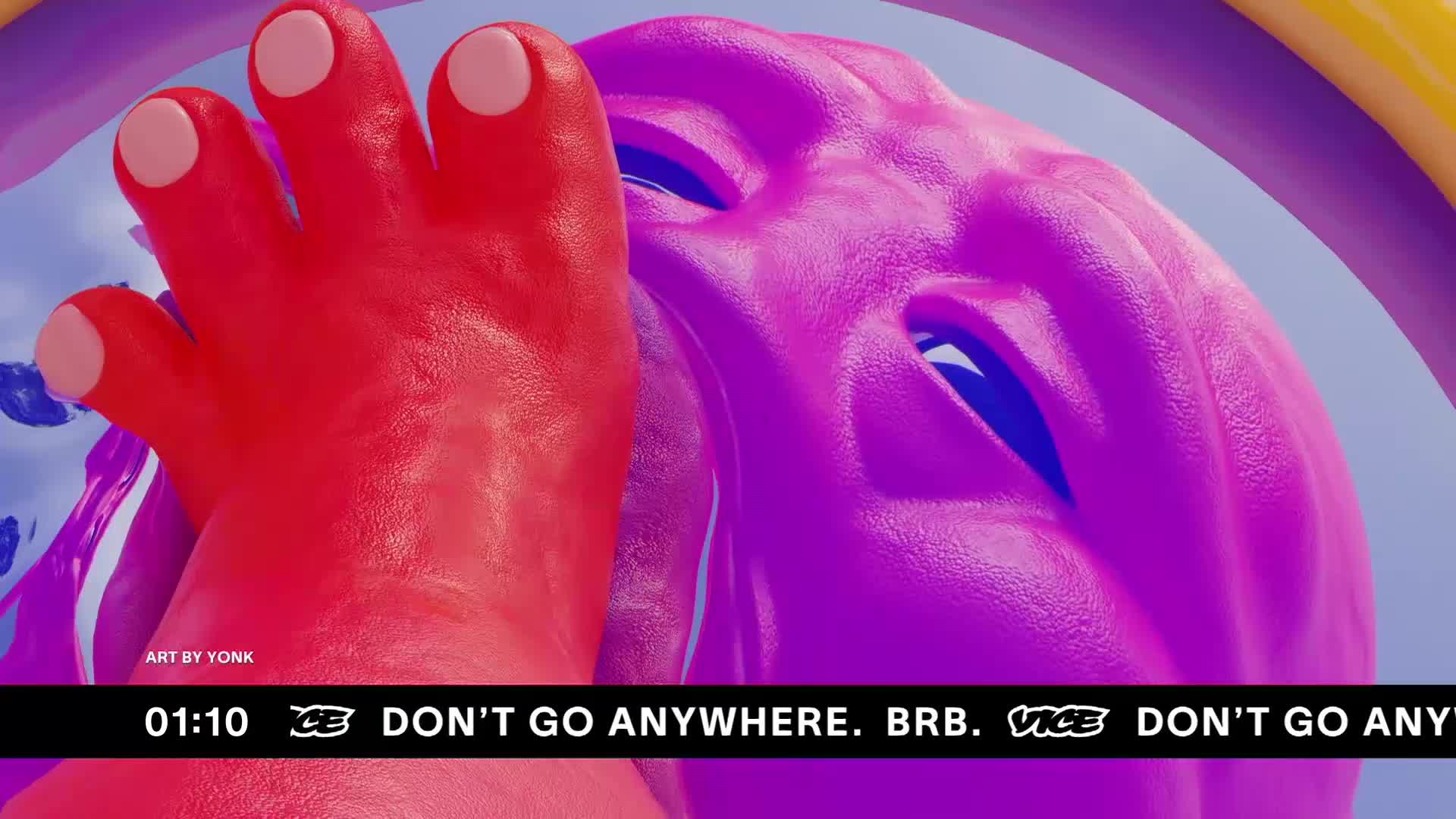 A giant, red foot with white-tipped toes hovers over a purple, face-like form. The VICE TV logo and a "Don't go anywhere" message appear at the bottom of the screen.
