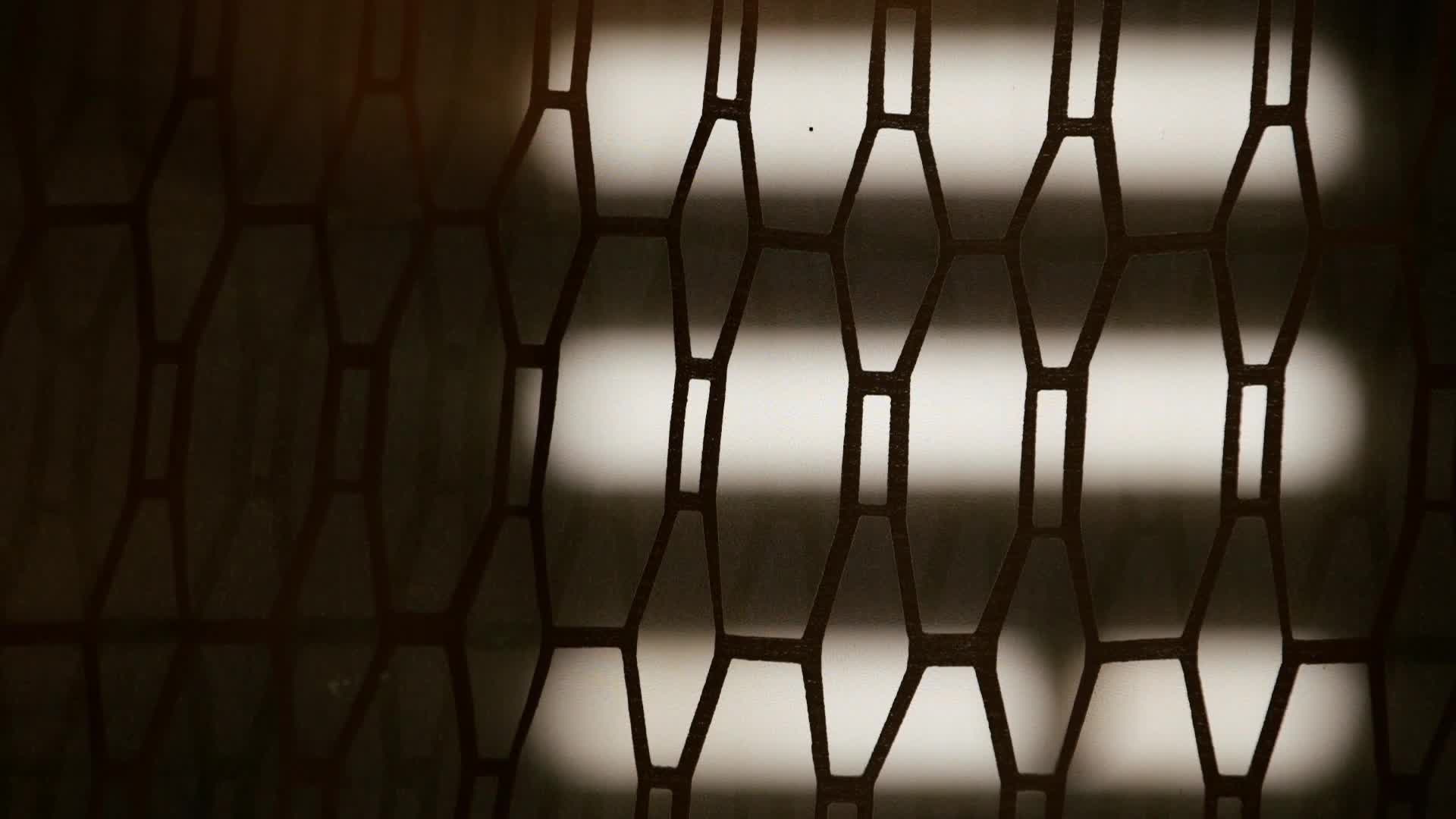 A bright, diffused light washes over a dark, geometric pattern. The light shifts, creating a subtle movement across the interlocking shapes.