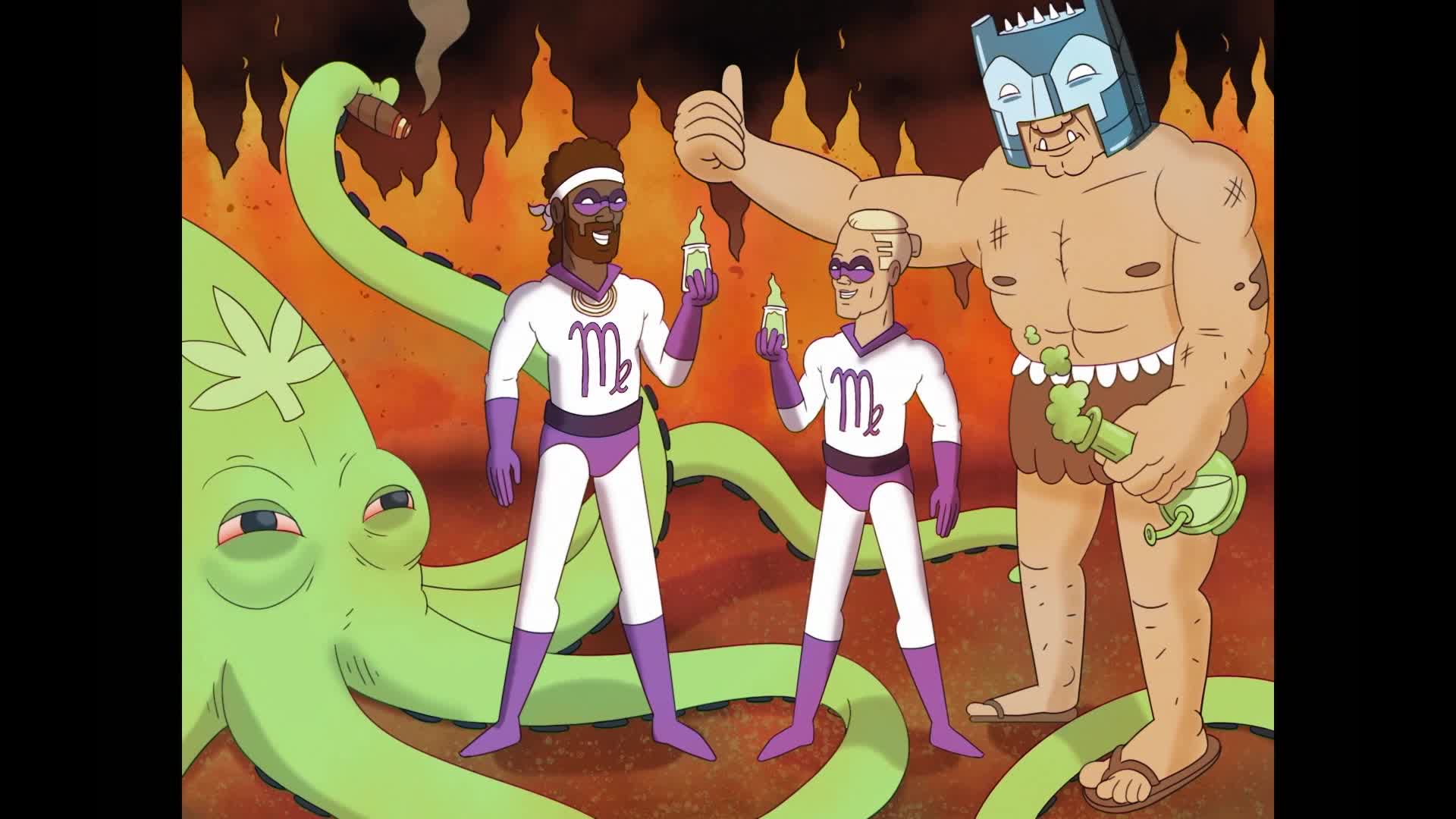 A giant, red-eyed octopus with a marijuana leaf on its head looms behind three men. Two men in matching white and purple superhero outfits hold up small green bottles, while a third, larger man with a metal helmet gives a thumbs-up.