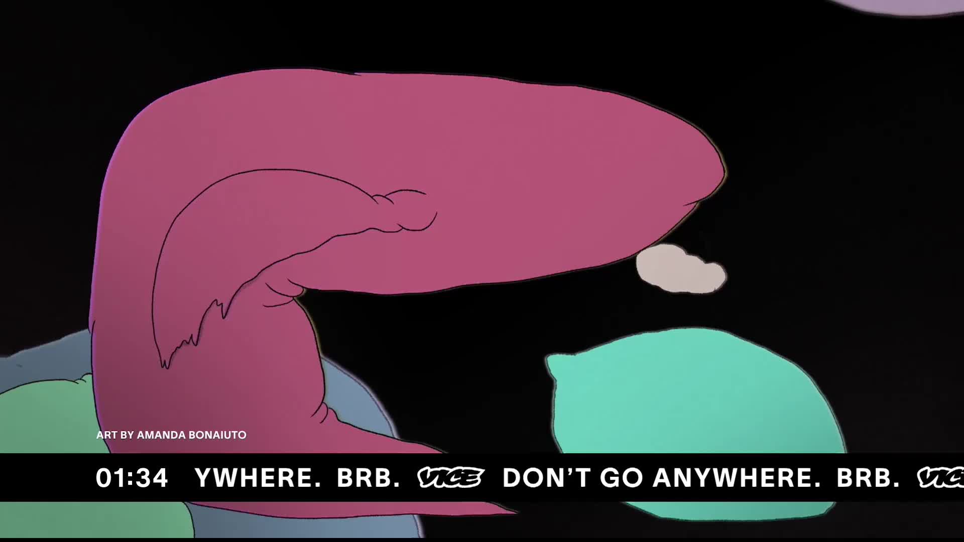 A large, pink, amorphous shape undulates against a black background, its form suggesting a creature or a fluid mass. A turquoise blob rests below it, and a small, pale cloud drifts nearby.