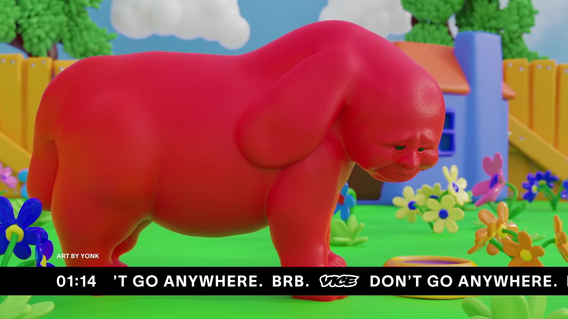 A giant, sad red dog stands in a cartoonish yard, head bowed over an empty bowl. The VICE logo appears on screen, beneath the dog, as text flashes "DON'T GO ANYWHERE."