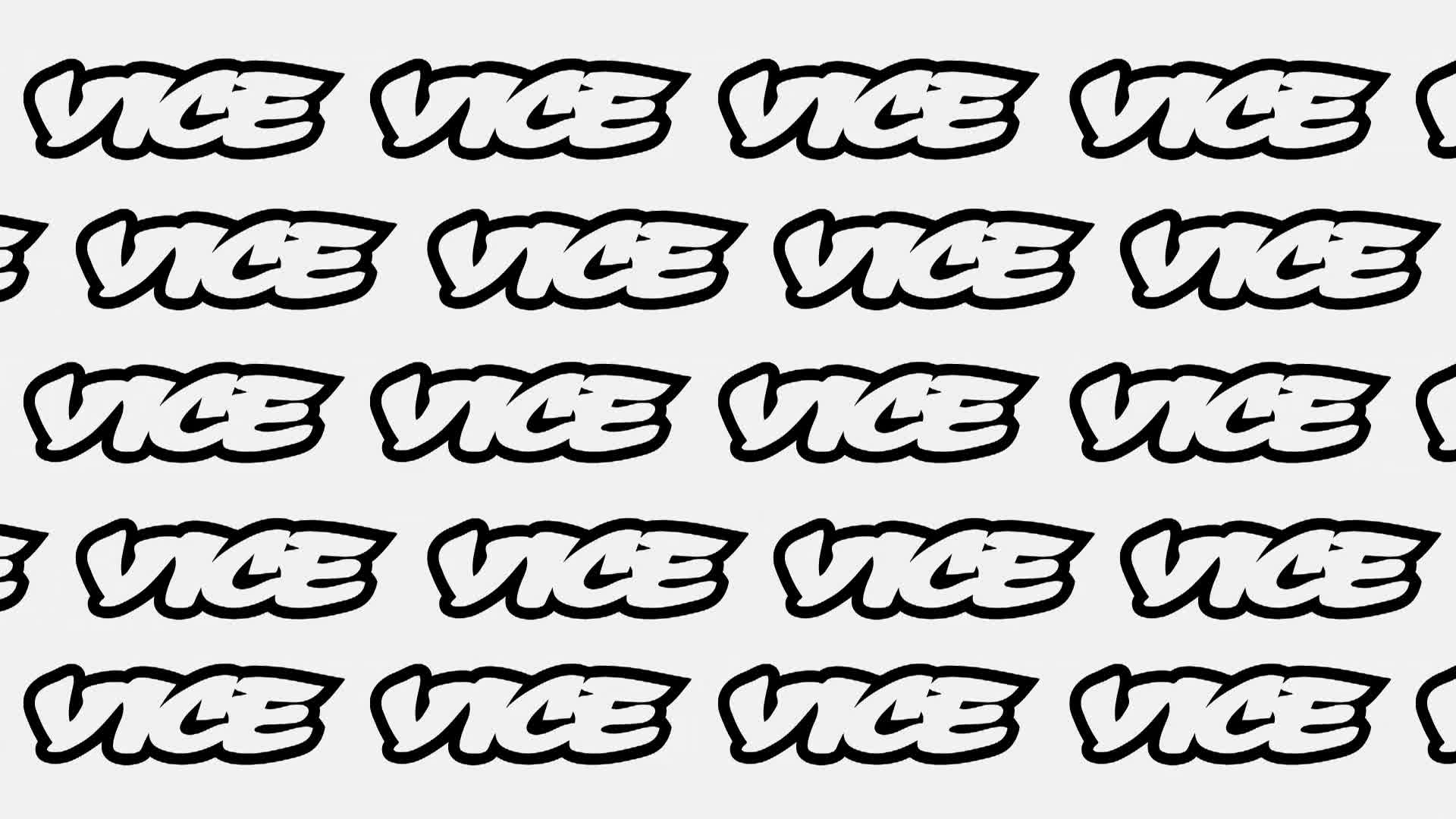 Black and white "VICE" logos repeat across the screen, creating a bold, graphic pattern. The lettering has a thick outline and a slight shadow, giving it a dimensional feel.