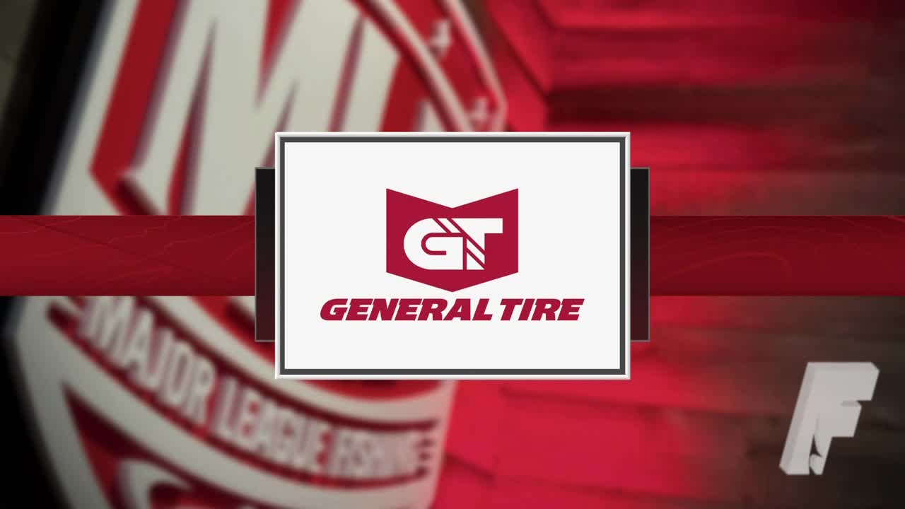 A General Tire logo is centered on a white rectangle, framed against a red background. The "Major League Fishing" logo is partially visible on the left side.
