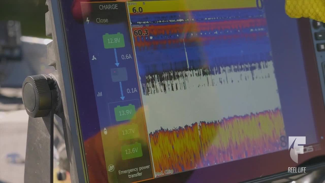 The screen displays a colorful sonar image, with a vertical line cutting through the blue and white bands. On the left, the screen shows the charge status of the boat's batteries.

