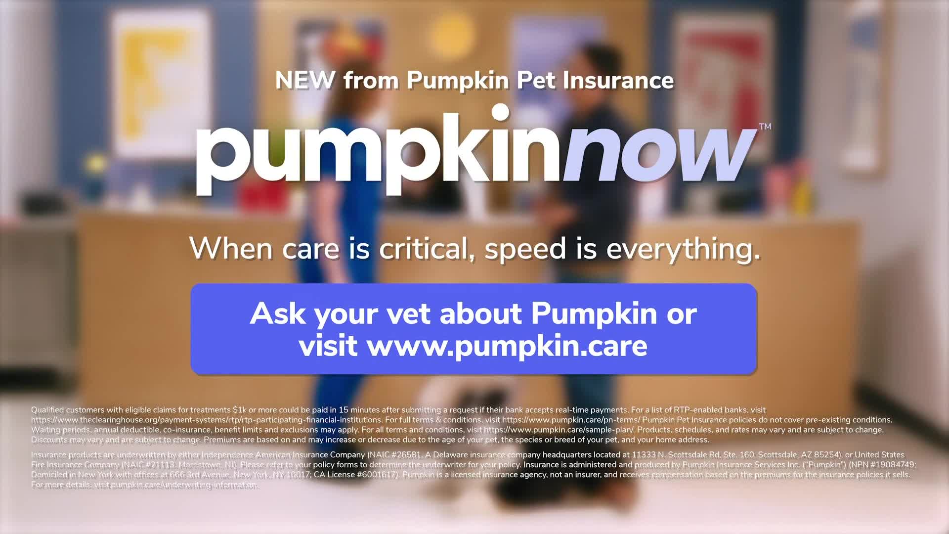 A veterinarian in blue scrubs stands facing a man, both in a blurred office setting. Above them, the "pumpkinnow" logo and a call to action are prominently displayed.
