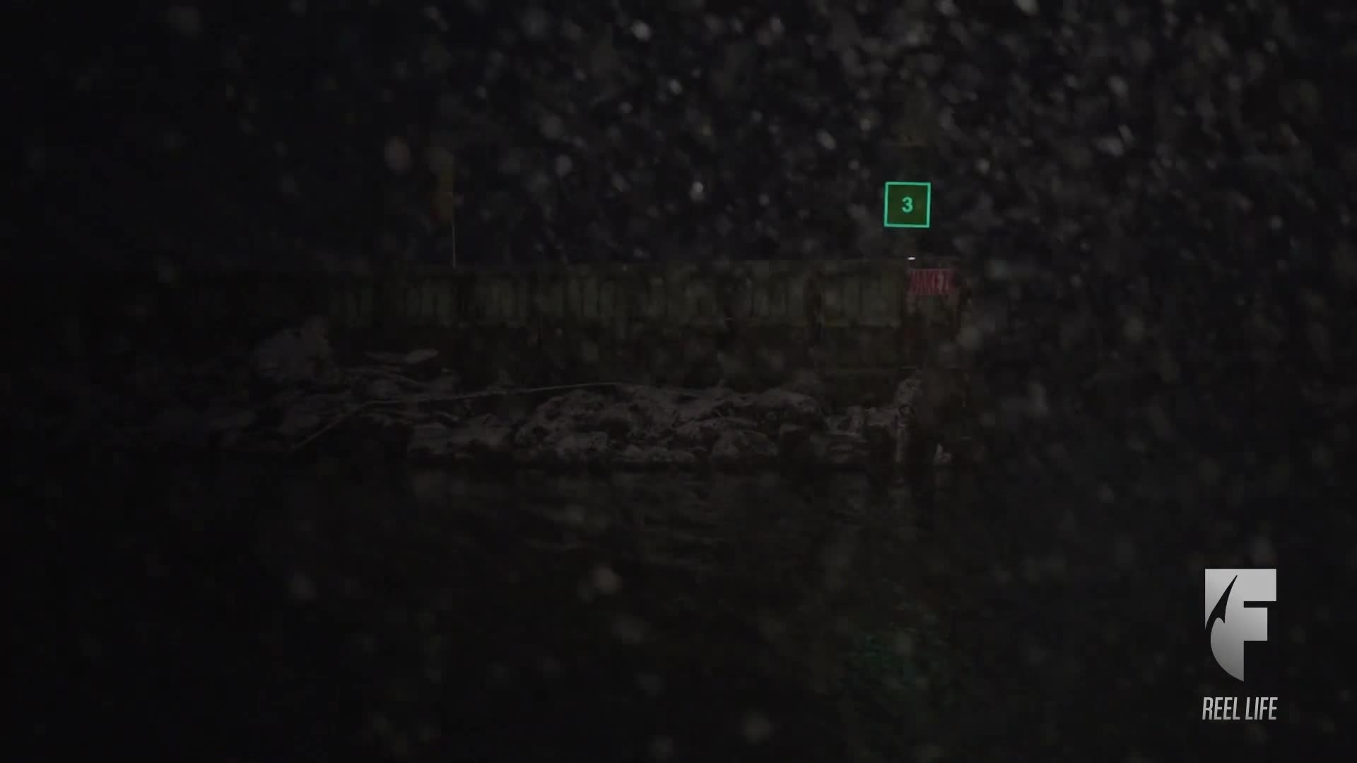 Water droplets obscure the view of a dark, submerged structure. A green square with the number "3" hovers above the scene, likely a marker from the World Fishing Network.
