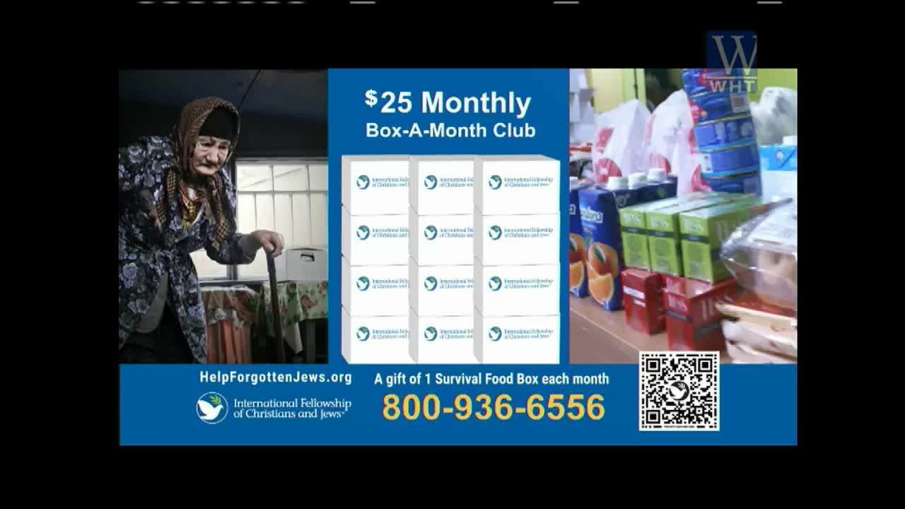 On World Harvest TV, a screen displays an elderly woman with a cane next to a promotion for a "Box-A-Month Club" from the International Fellowship of Christians and Jews.  Stacks of food boxes and groceries are shown, with a phone number to call.
