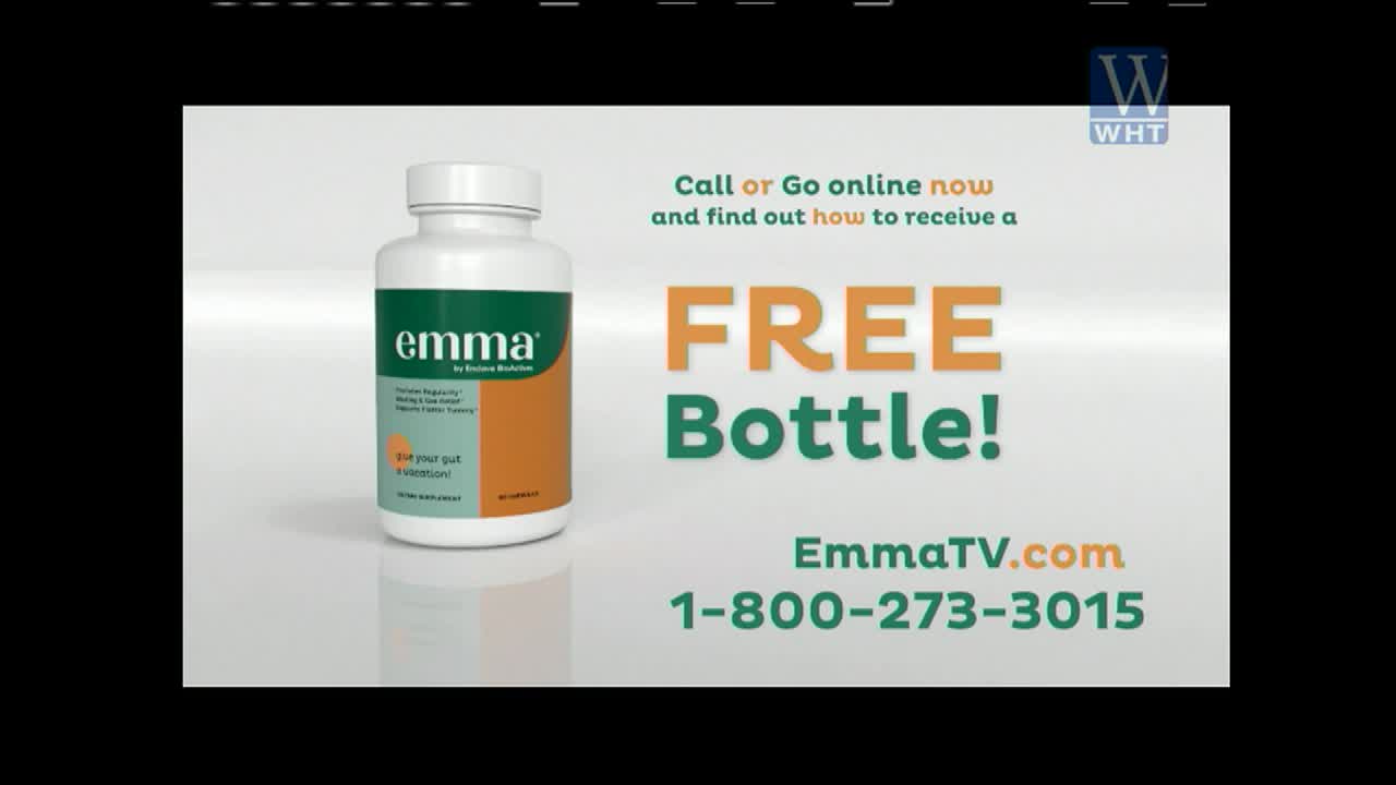 A bottle of "emma" capsules sits to the left, while the screen on World Harvest TV advertises a free bottle offer. Large, orange text highlights the word "FREE" alongside a phone number and website address.
